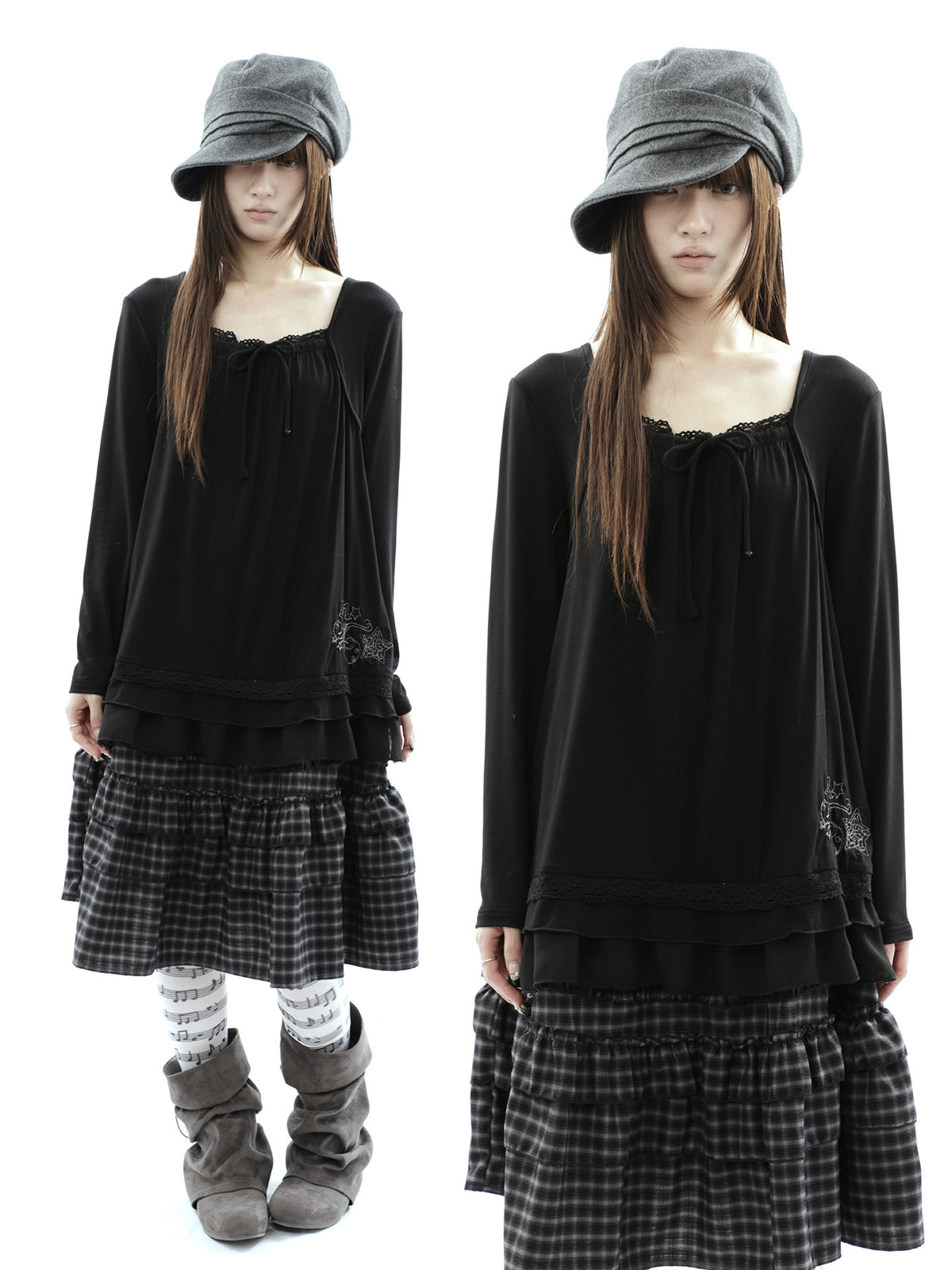 Star Embroidered Lace-Hem Tie Long Sleeve Top