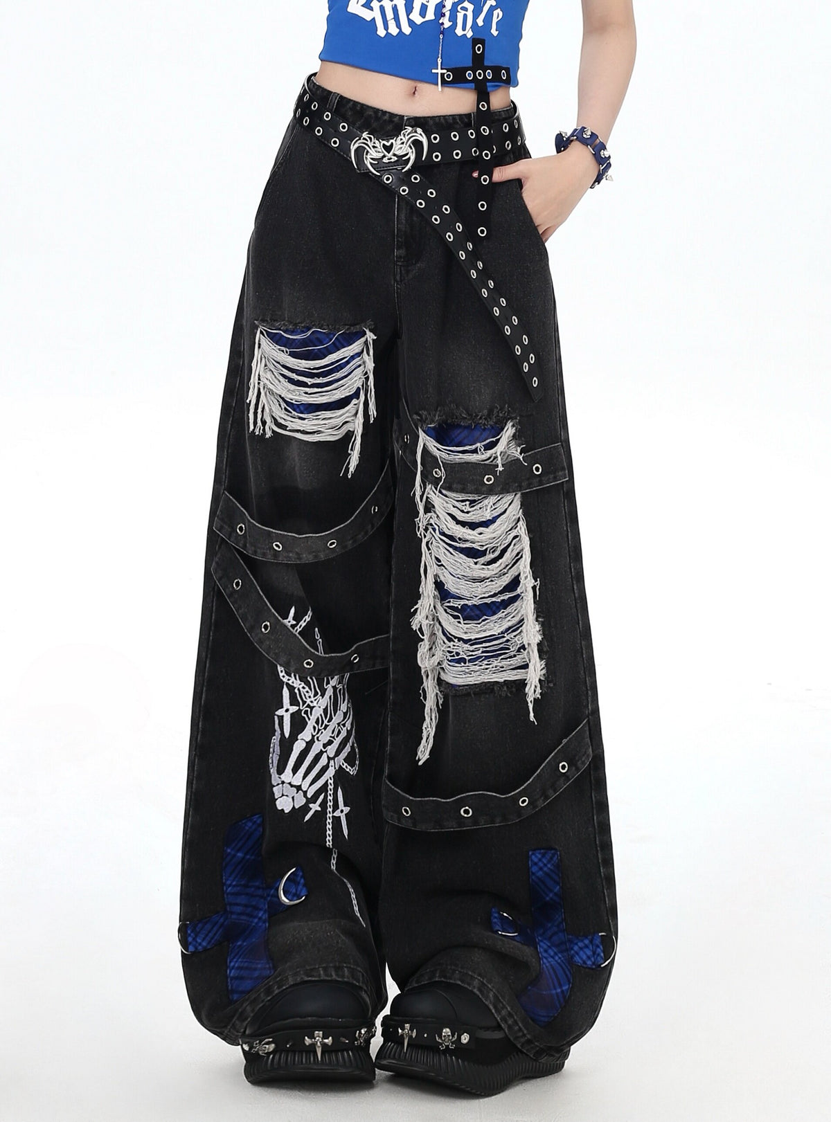 Skeleton Hand Distressed Strap Wide-Leg Jeans