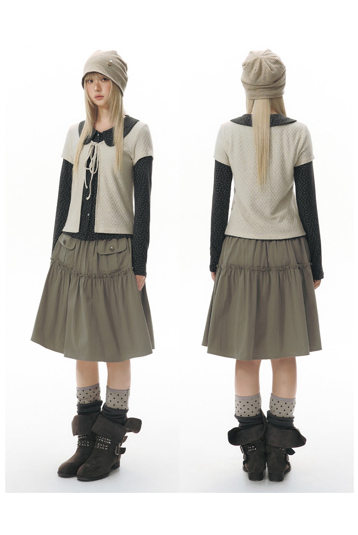 Doll-Collar Long Sleeve & Tie-Front Cardigan Set