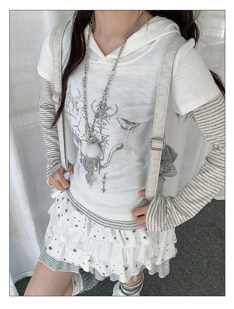 Striped Layered Hooded Graphic Long Sleeve Top