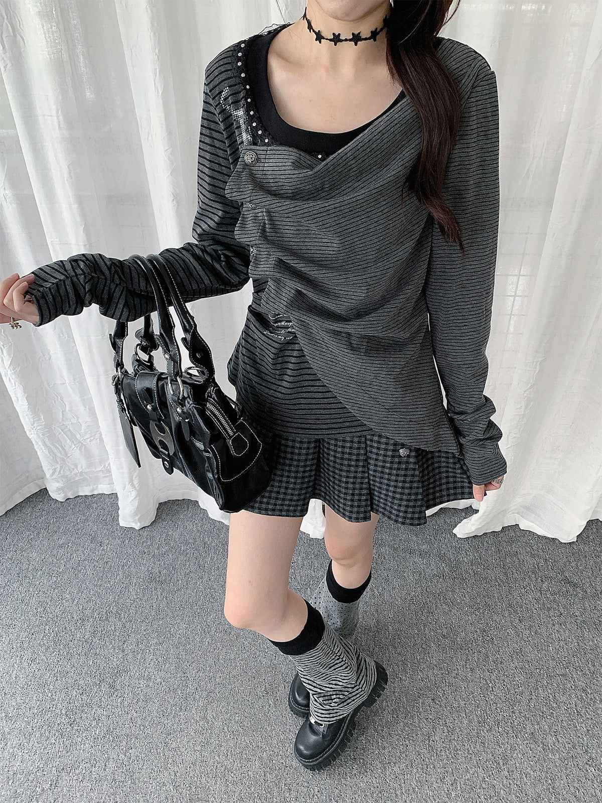 Asymmetric Button-Drape Striped Long Sleeve Top