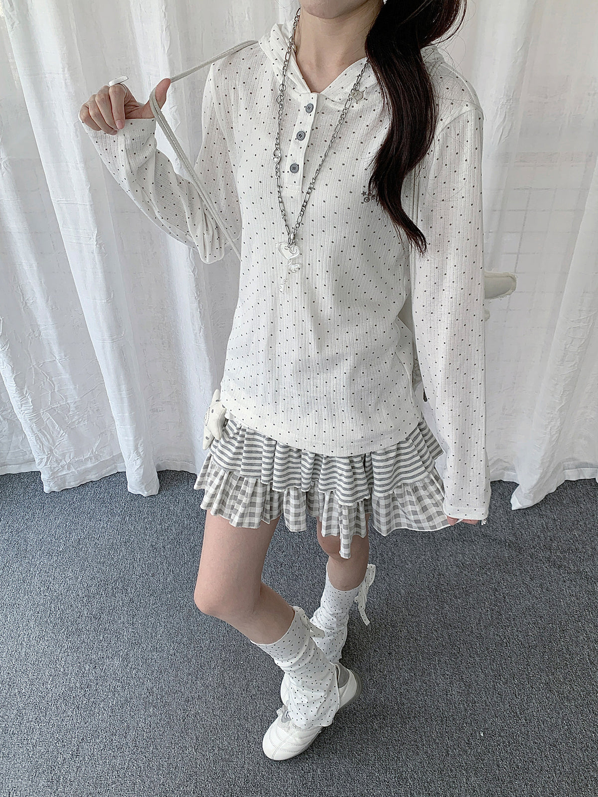 Polka Dot Henley Hooded Long Sleeve Top