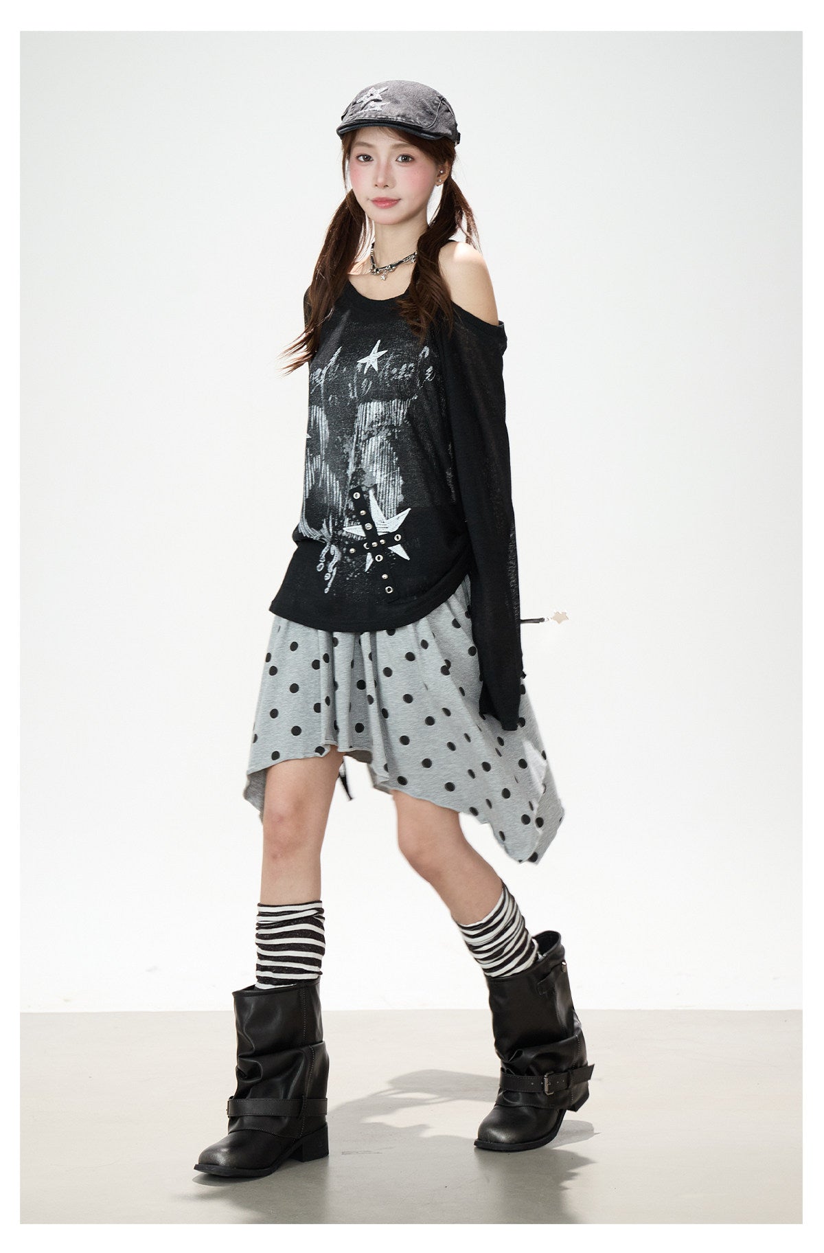 Dark Graffiti Off-Shoulder Long Sleeve Top & Asymmetric Polka-Dot Mini Skirt
