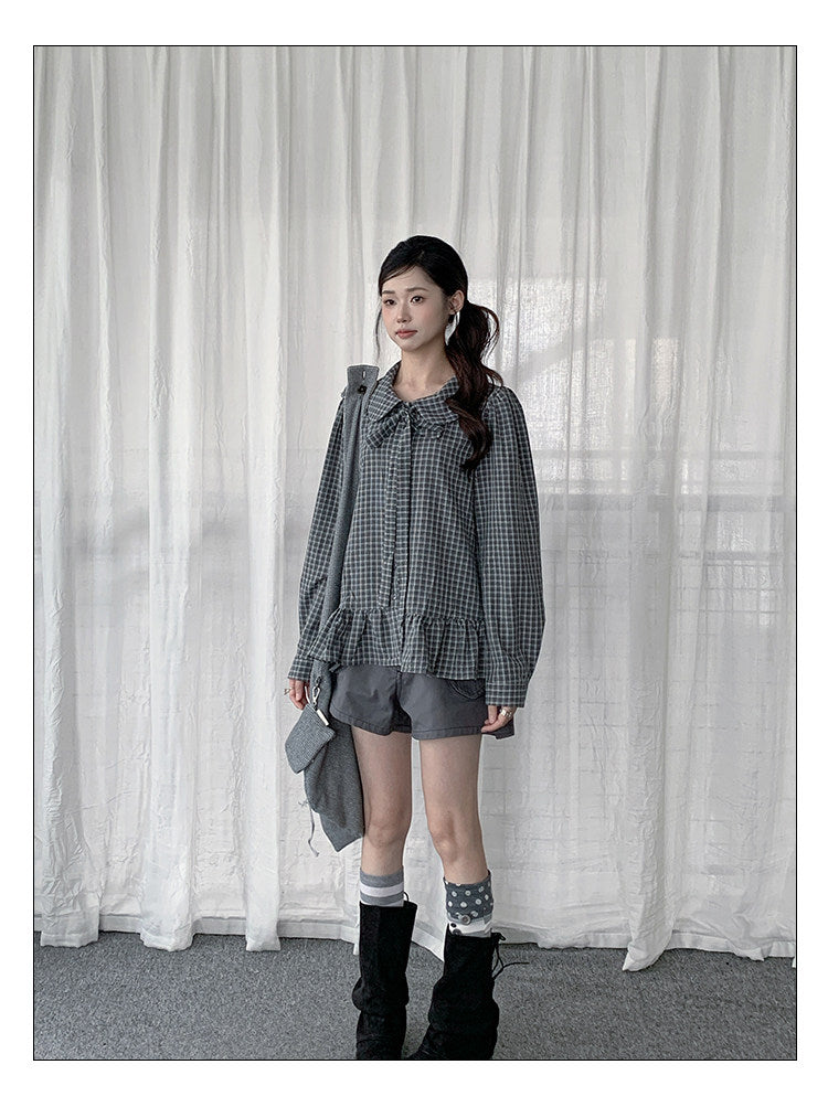 Plaid Bow Collar Ruffle Long Sleeve Blouse