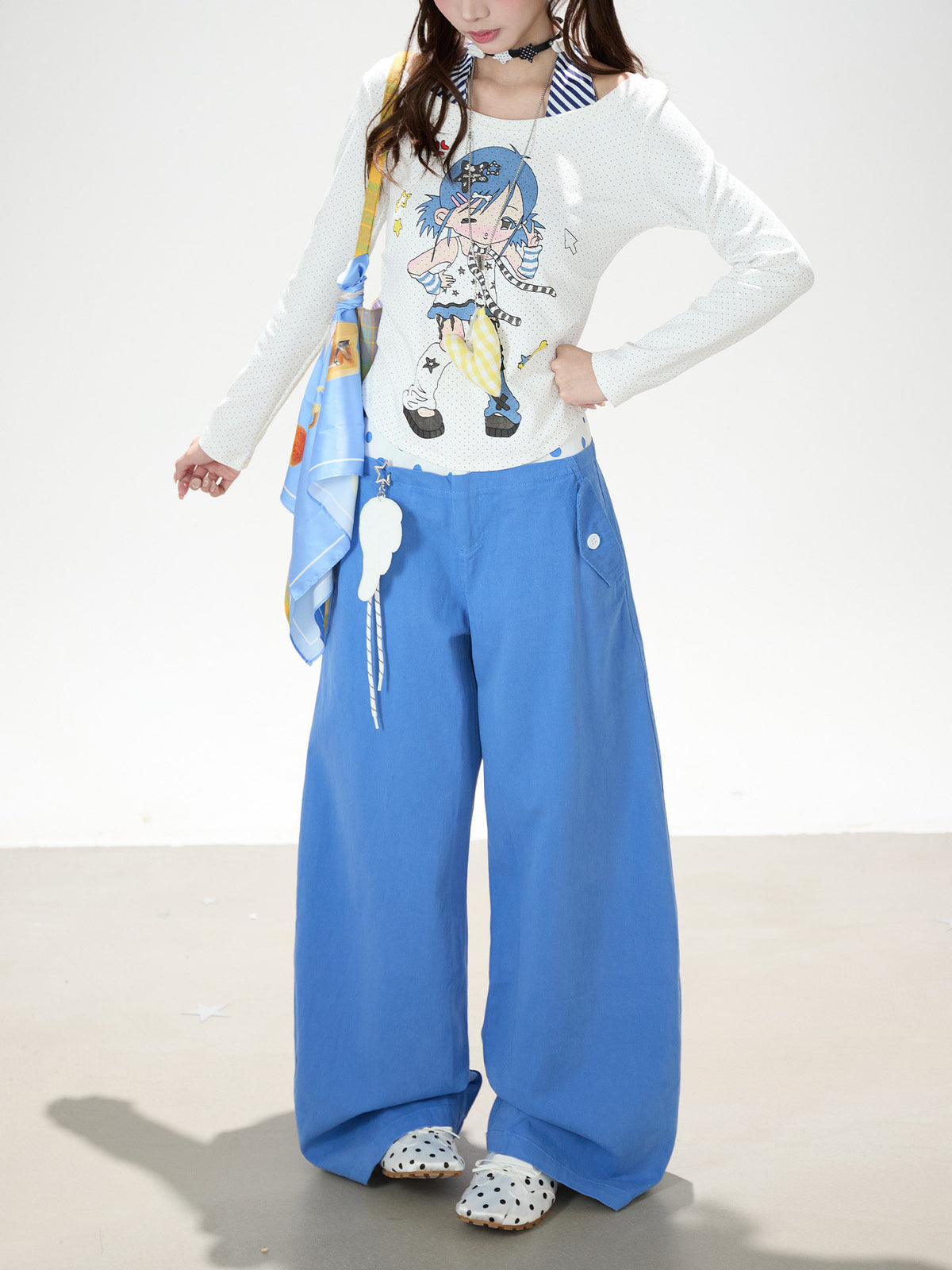 Cartoon Girl Faux-Layered Long Sleeve Top & Polka Dot Waist Wide-Leg Pants