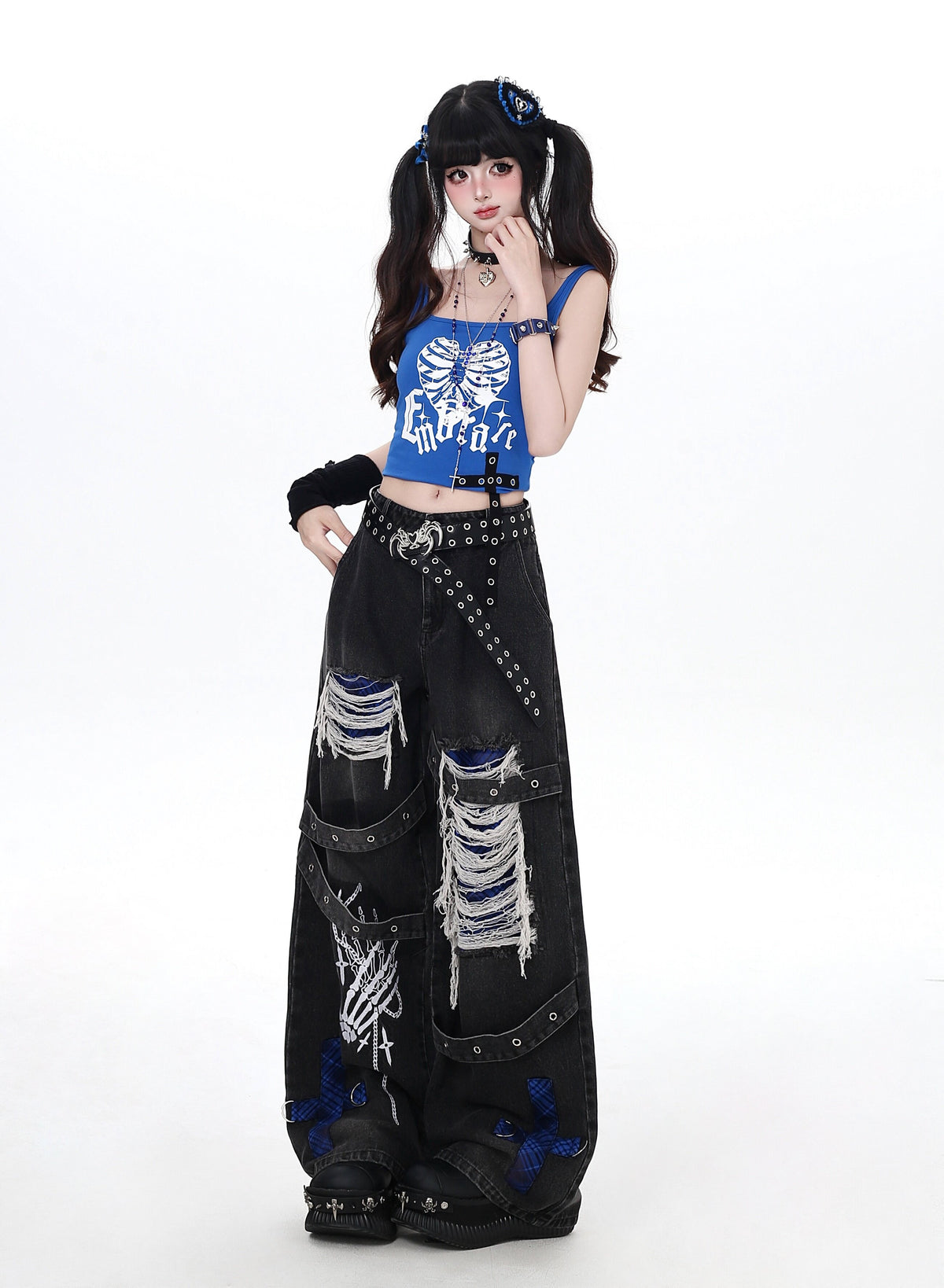 Skeleton Hand Distressed Strap Wide-Leg Jeans