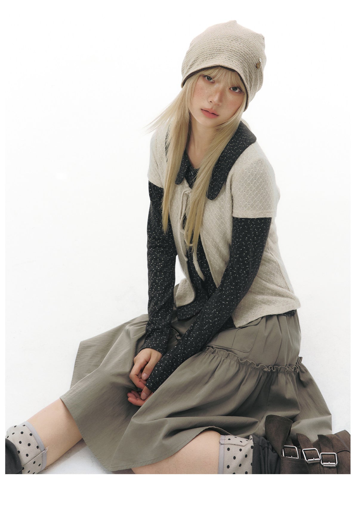 Doll-Collar Long Sleeve & Tie-Front Cardigan Set