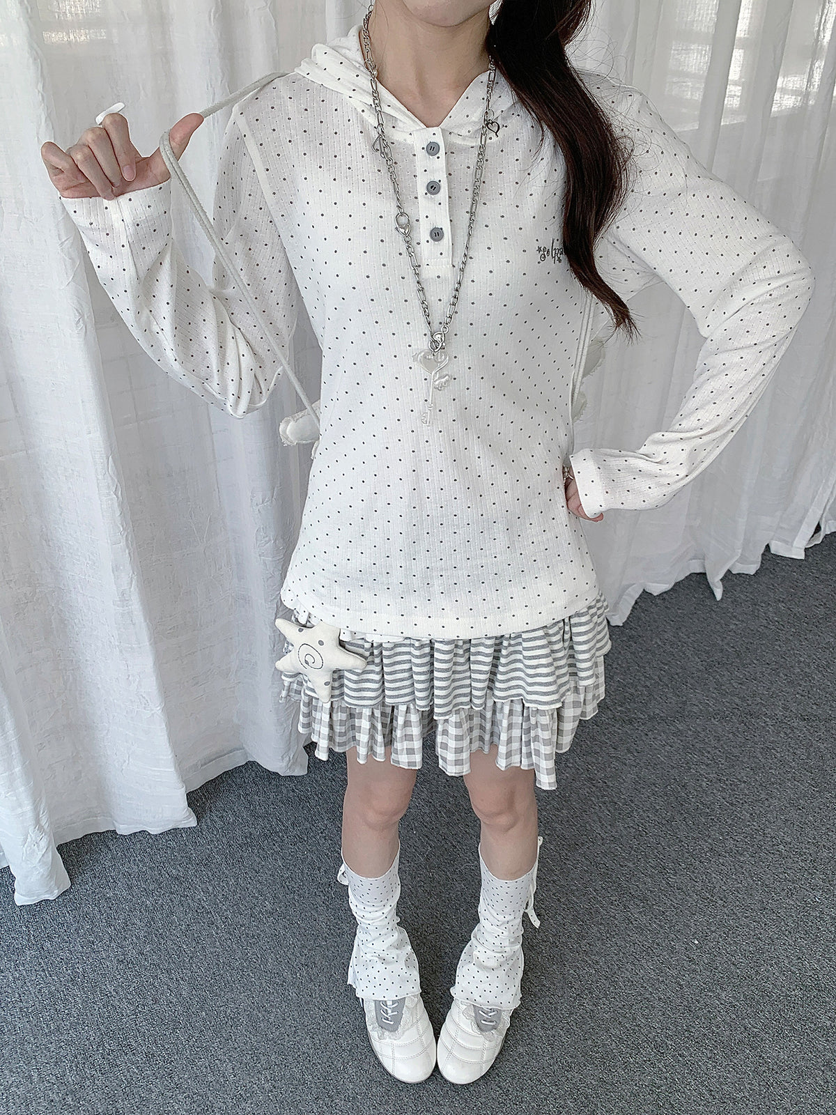 Polka Dot Henley Hooded Long Sleeve Top