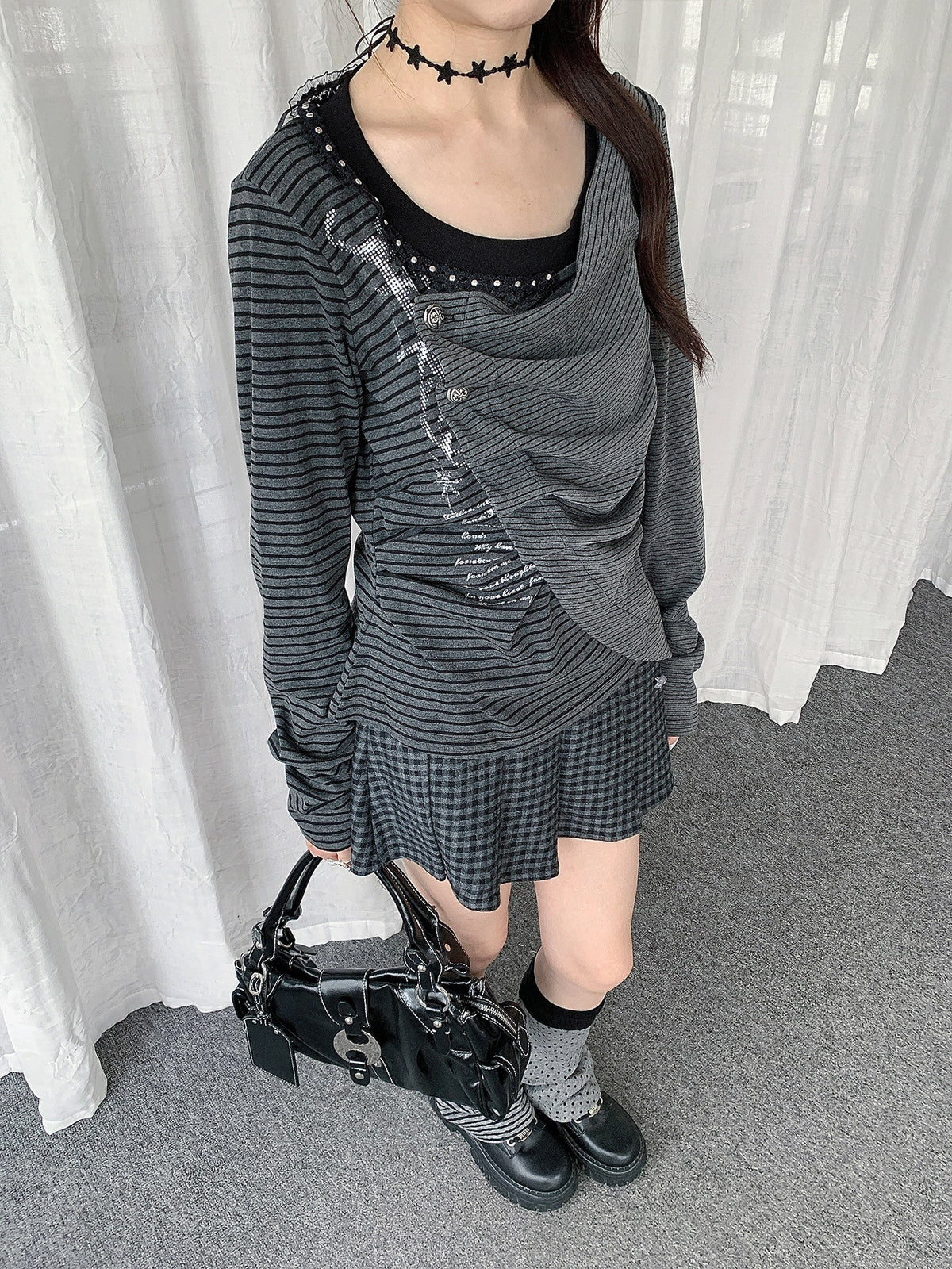 Asymmetric Button-Drape Striped Long Sleeve Top