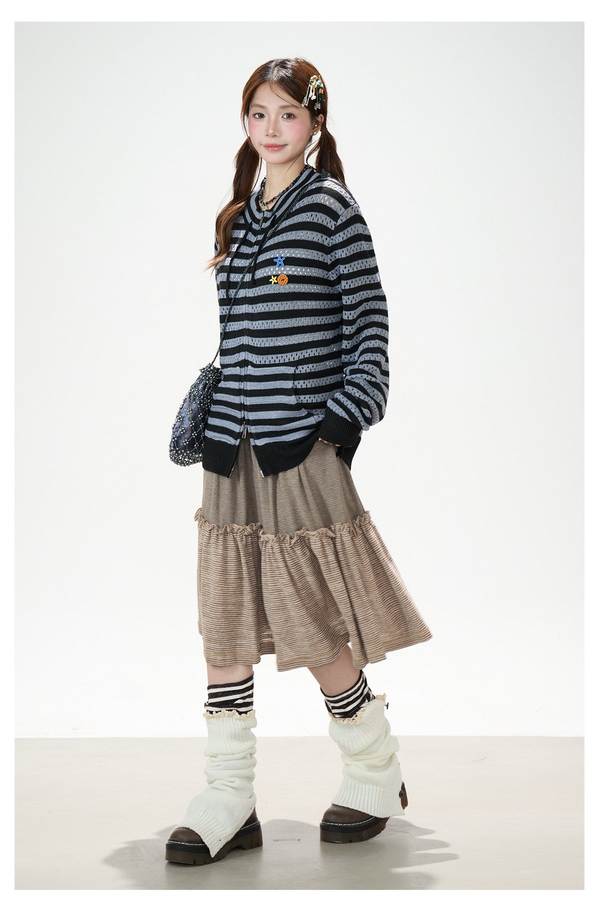 Striped Openwork Knit Cardigan & Black Polka-Dot Pleated Midi Skirt