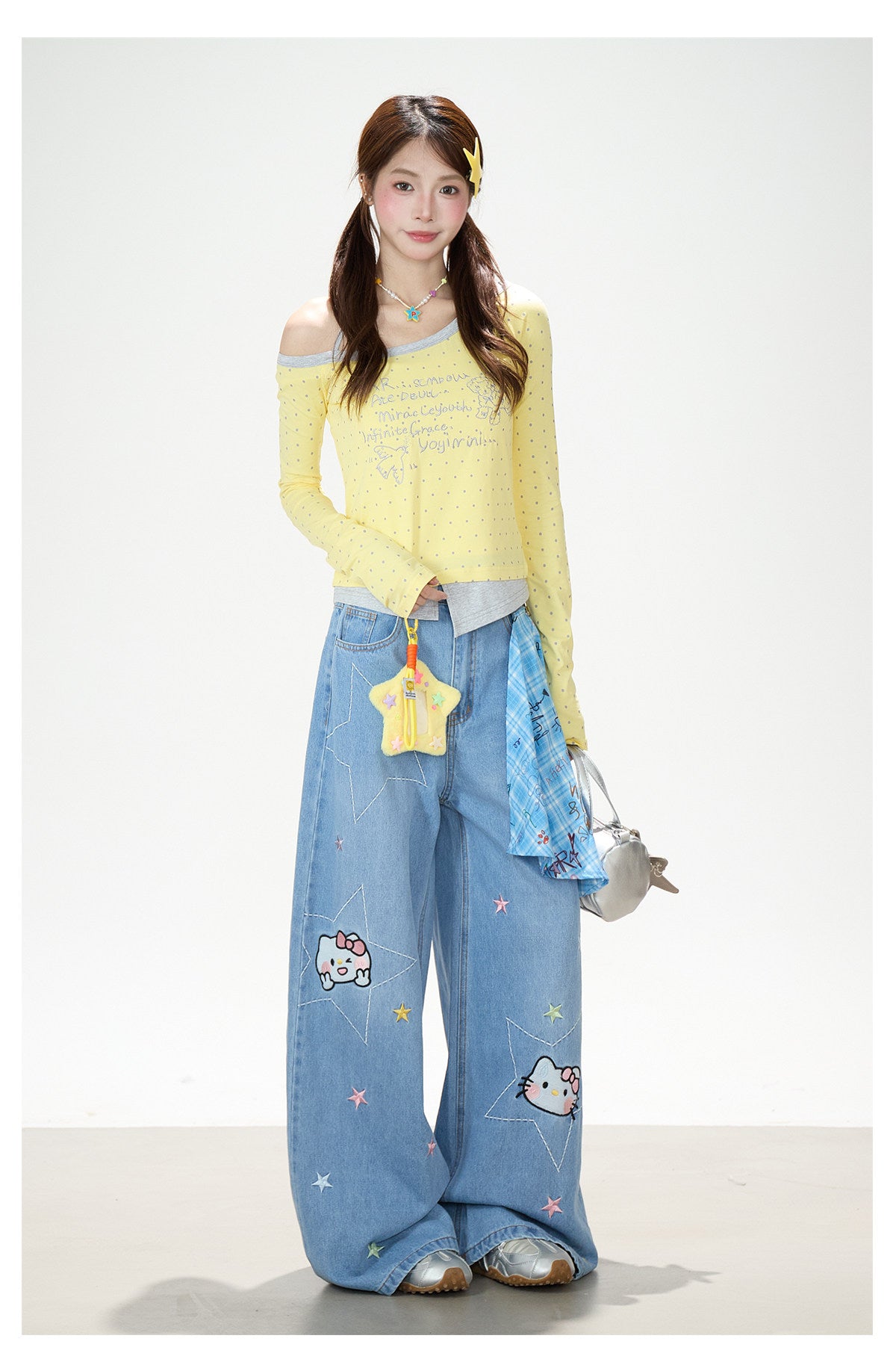 Letter Polka-Dot Off-Shoulder Layered Long Sleeve Top & Cartoon Star Wide-Leg Jeans with Charm