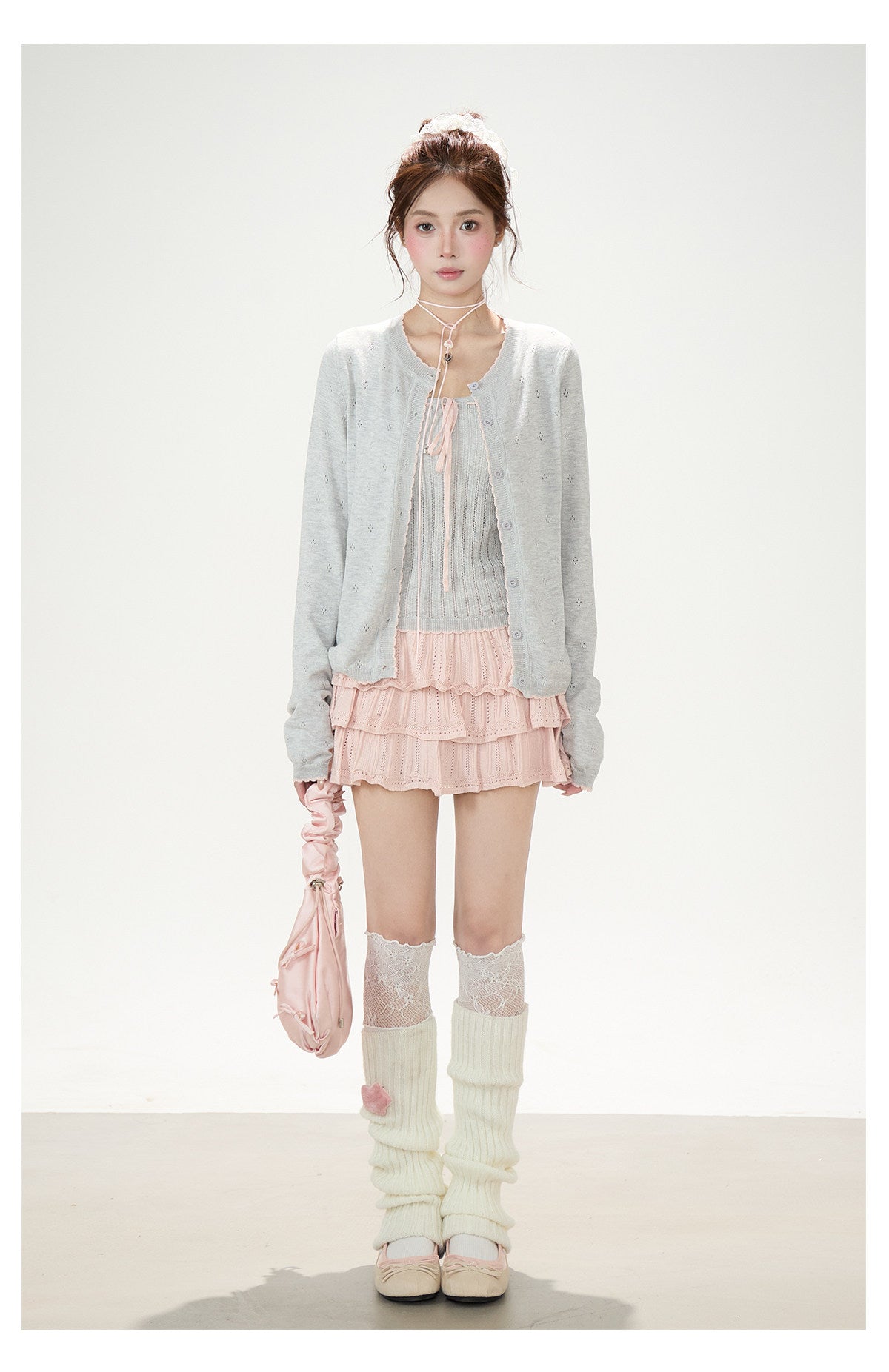Pointelle Bow Cardigan & Cami Knit Set & Tiered Ruffle Mini Skirt