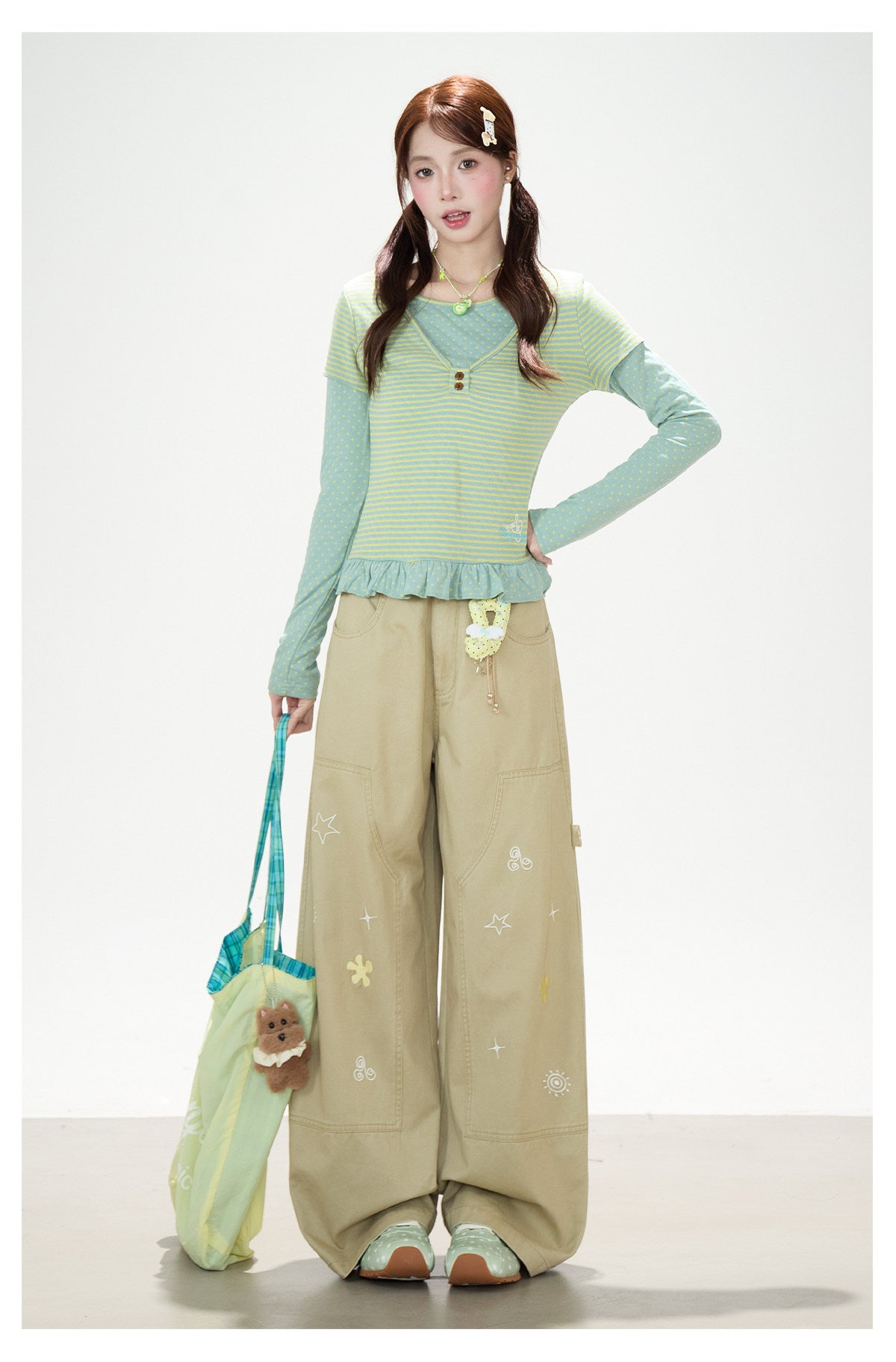 Polka-Dot Stripe Layered Long Sleeve Top & Embroidered Khaki Wide-Leg Cargo Pants