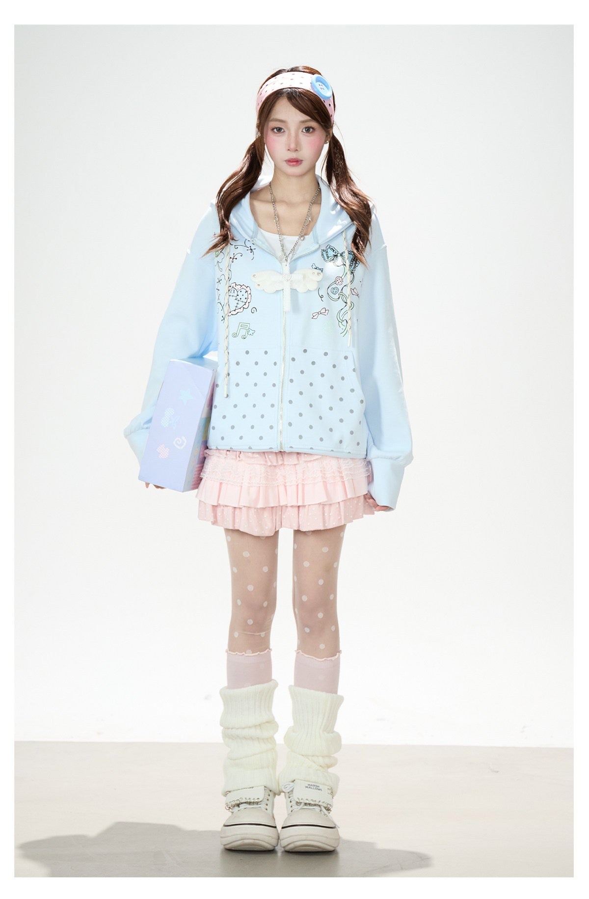 Hand-Drawn Polka-Dot Zip-Up Hoodie & Pink Ruffle Mini Skirt