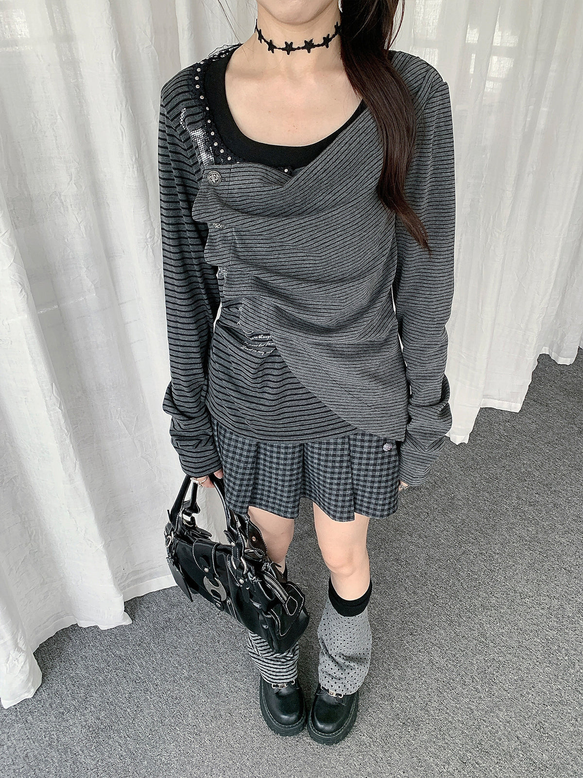 Asymmetric Button-Drape Striped Long Sleeve Top