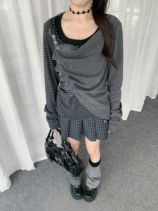 Asymmetric Button-Drape Striped Long Sleeve Top