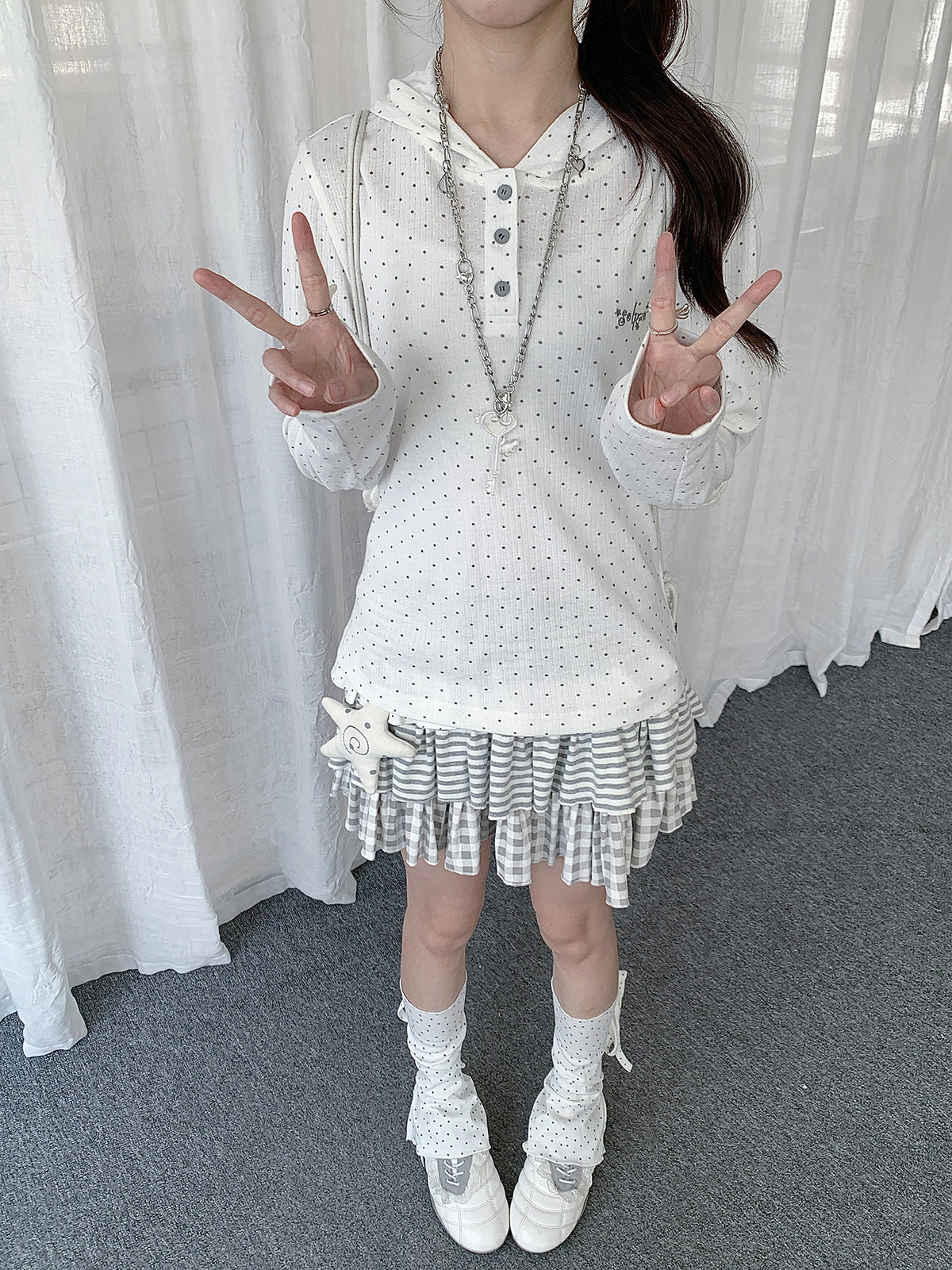 Polka Dot Henley Hooded Long Sleeve Top