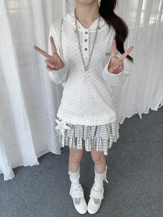 Polka Dot Henley Hooded Long Sleeve Top