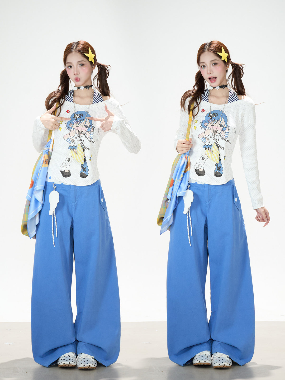 Cartoon Girl Faux-Layered Long Sleeve Top & Polka Dot Waist Wide-Leg Pants