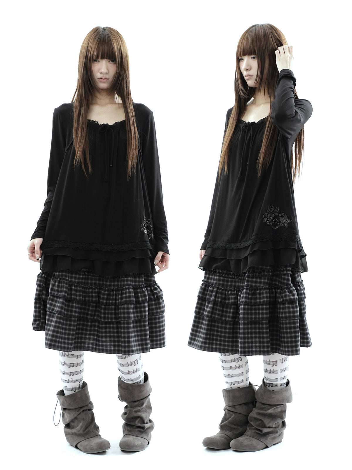 Star Embroidered Lace-Hem Tie Long Sleeve Top
