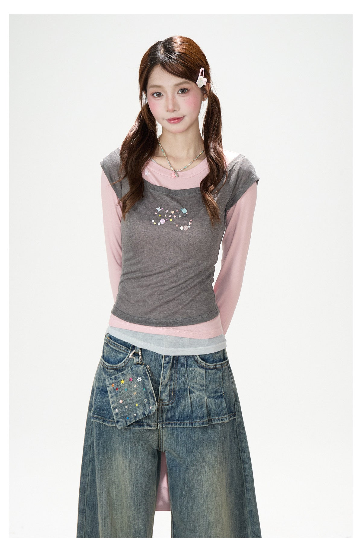 Contrast Faux Three-Layer Long Sleeve Top