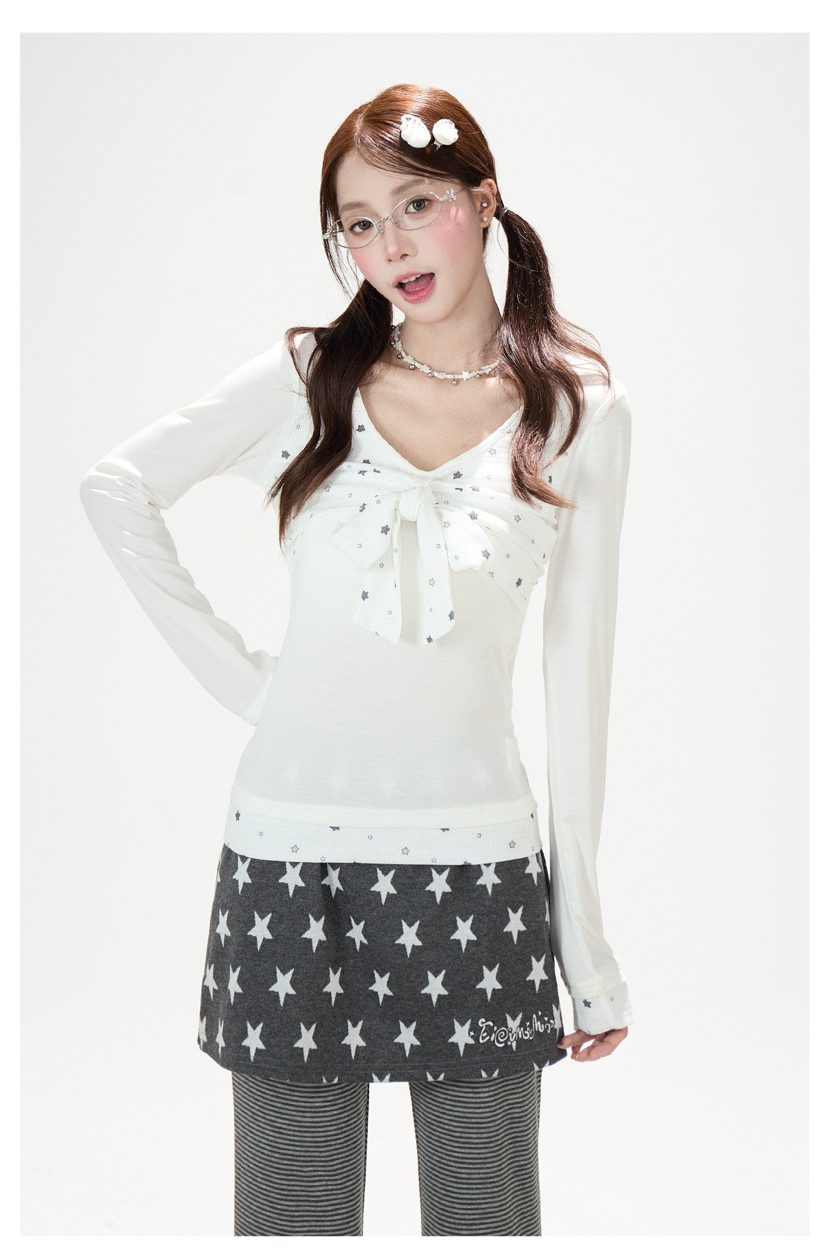 Star Bow-Tie Long Sleeve Top & Star Skirt-Layer Stripe Flared Pants