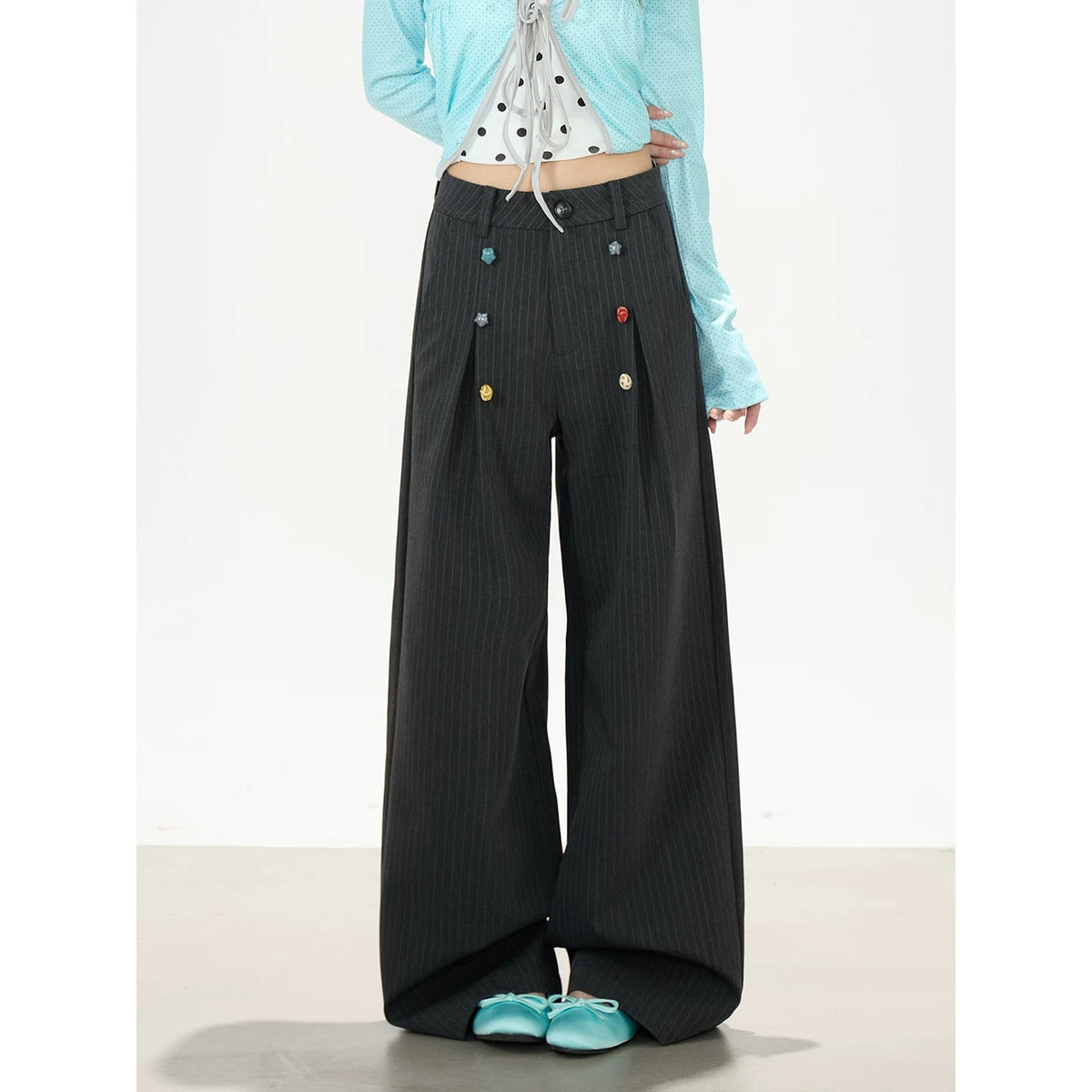 Pinstripe Button Wide-Leg Pants
