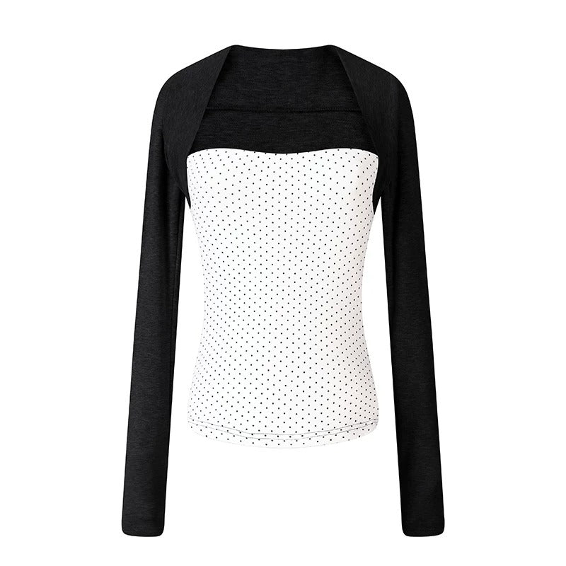 Polka-Dot Layered Cami Long Sleeve Top & Gray Ruffle Shorts