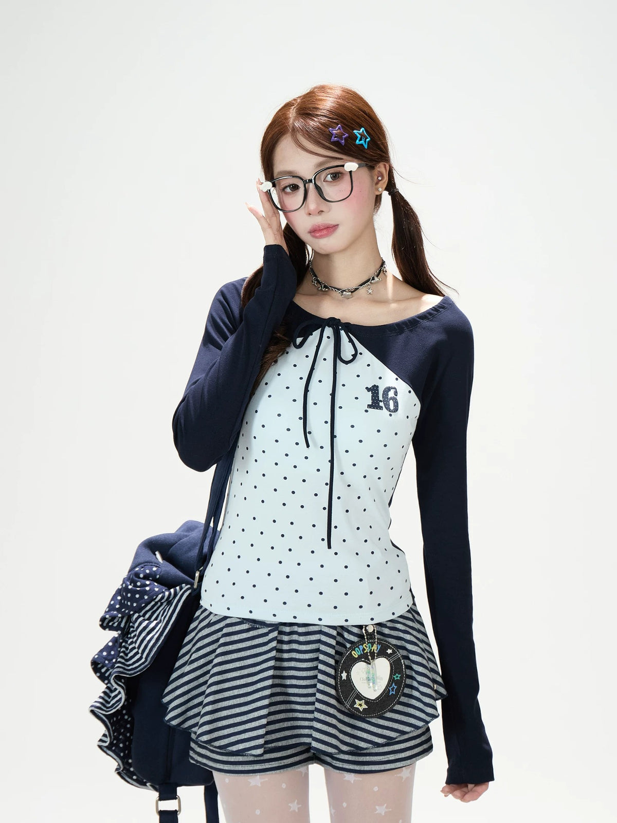Polka-Dot Tie-Front Off-Shoulder Long Sleeve Top & Royal Blue Stripe Ruffle Mini Skirt