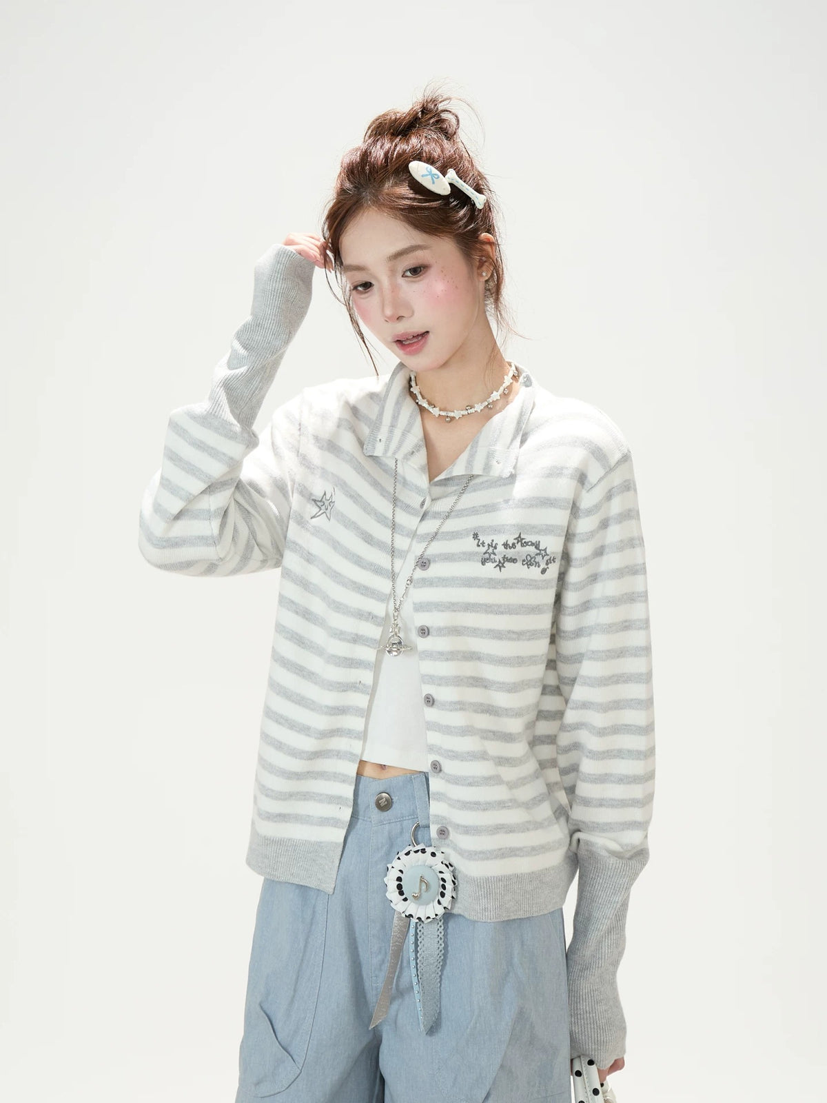Soft Stripe Embroidered Knit Cardigan