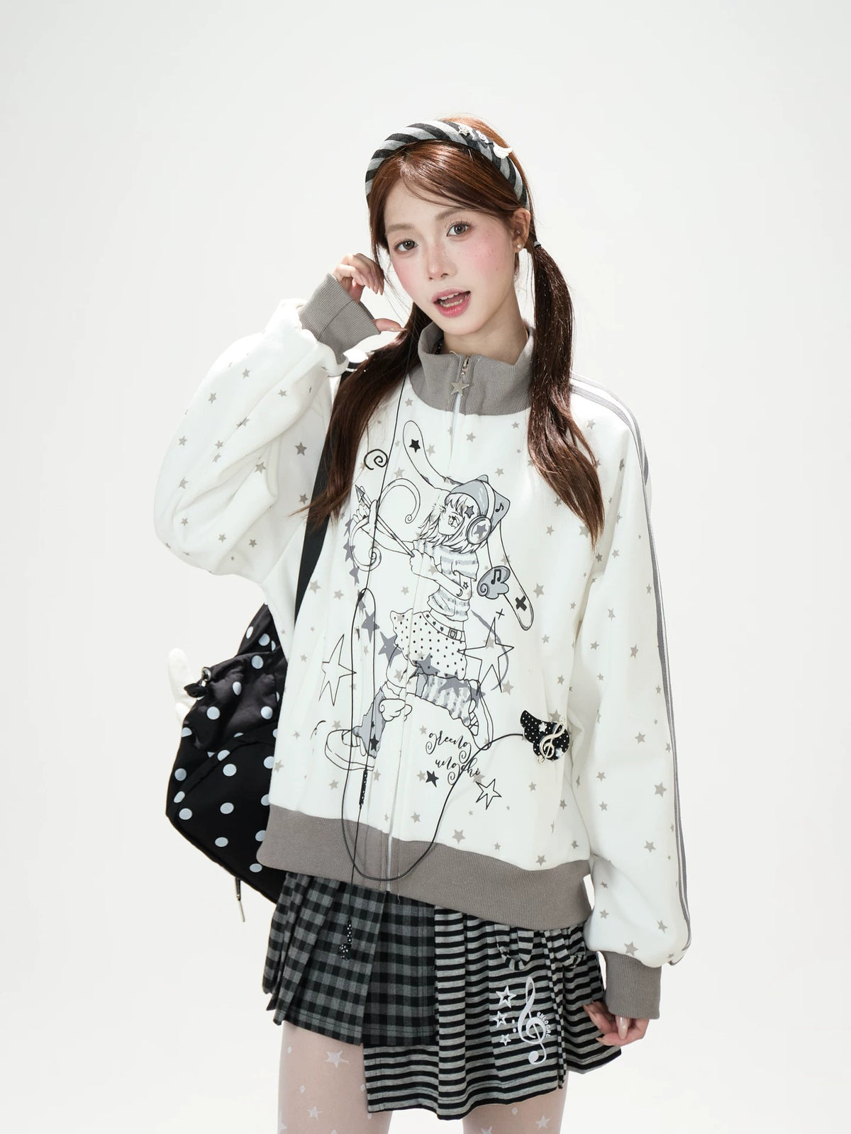 Star Girl Graphic Stand-Collar Jacket & Gray Layered Mini Skirt