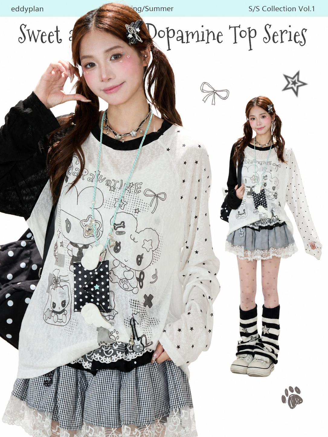 Cartoon Star Sheer Long Sleeve Top & Black Music Lace Gingham Mini Skirt