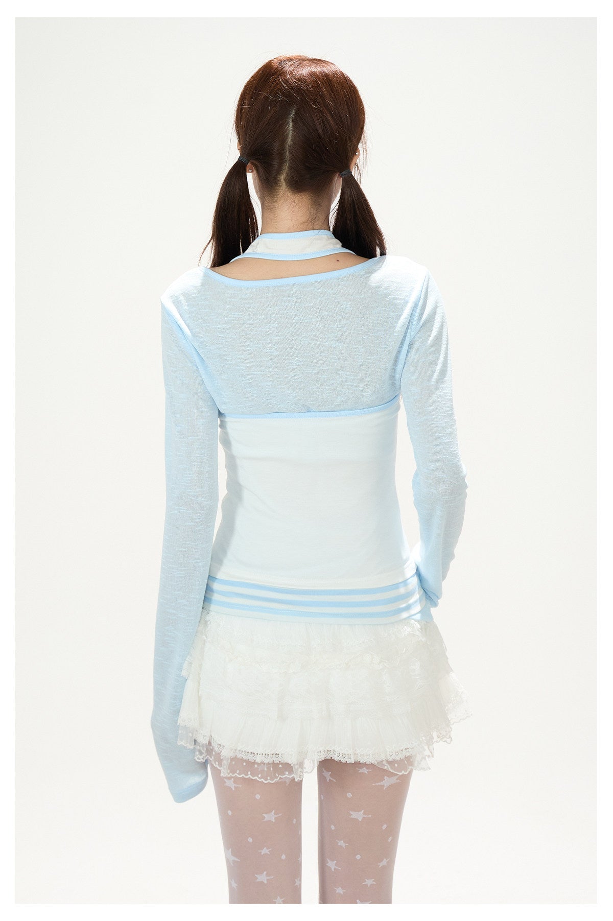 Sheer Blue Long Sleeve & Halter Cami Two-Piece Top Set