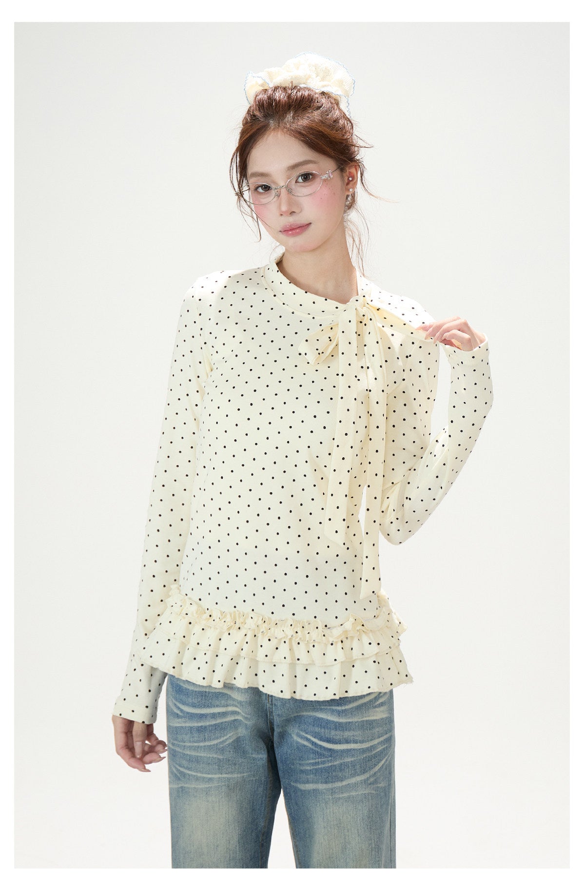 Polka-Dot Bow Ruffle-Hem Long Sleeve Top & Washed Flare Jeans