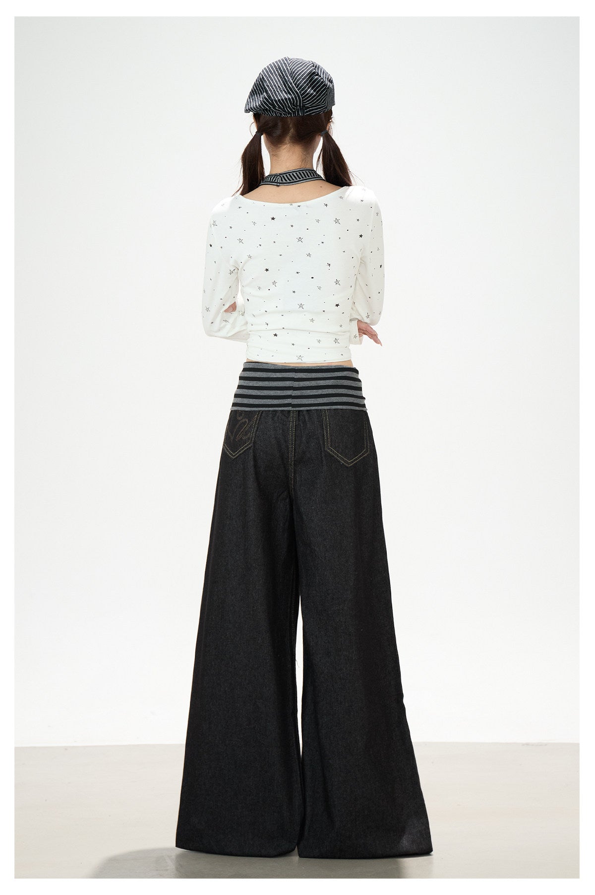 Star Music Note Halter Layered Long Sleeve Top & Black Wide-Leg Pants