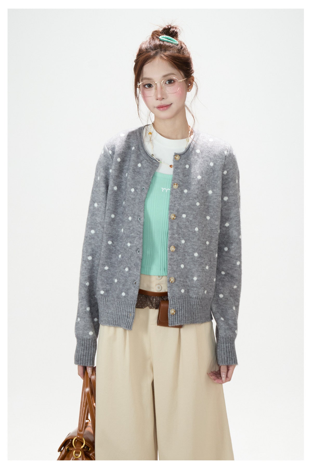 Polka-Dot Jacquard Knit Cardigan & Washed Flare Jeans