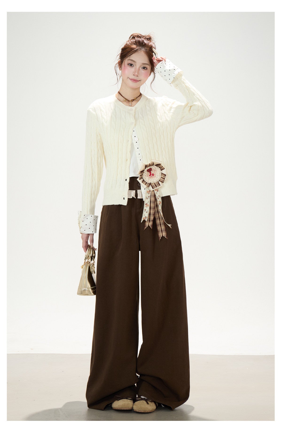 Polka-Dot Bow Knit Cardigan & Black Pinstripe Wide-Leg Pants