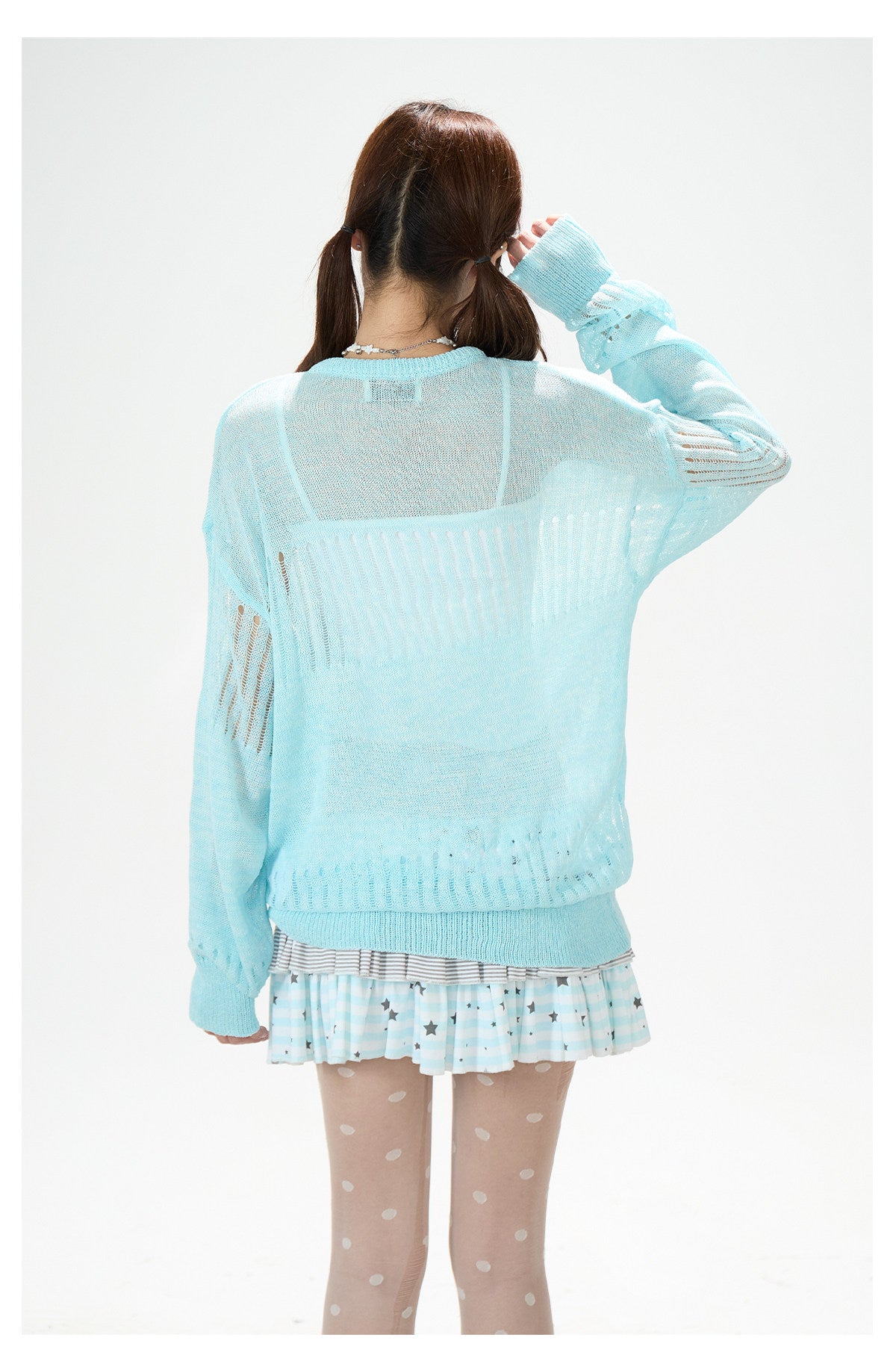 Openwork Knit Long Sleeve Top & Light Blue Layered Ruffle Mini Skirt