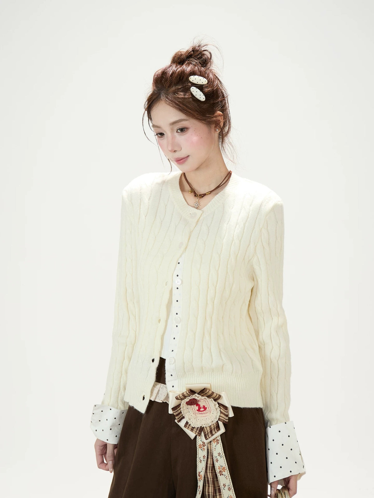 Polka-Dot Bow Knit Cardigan & Black Pinstripe Wide-Leg Pants