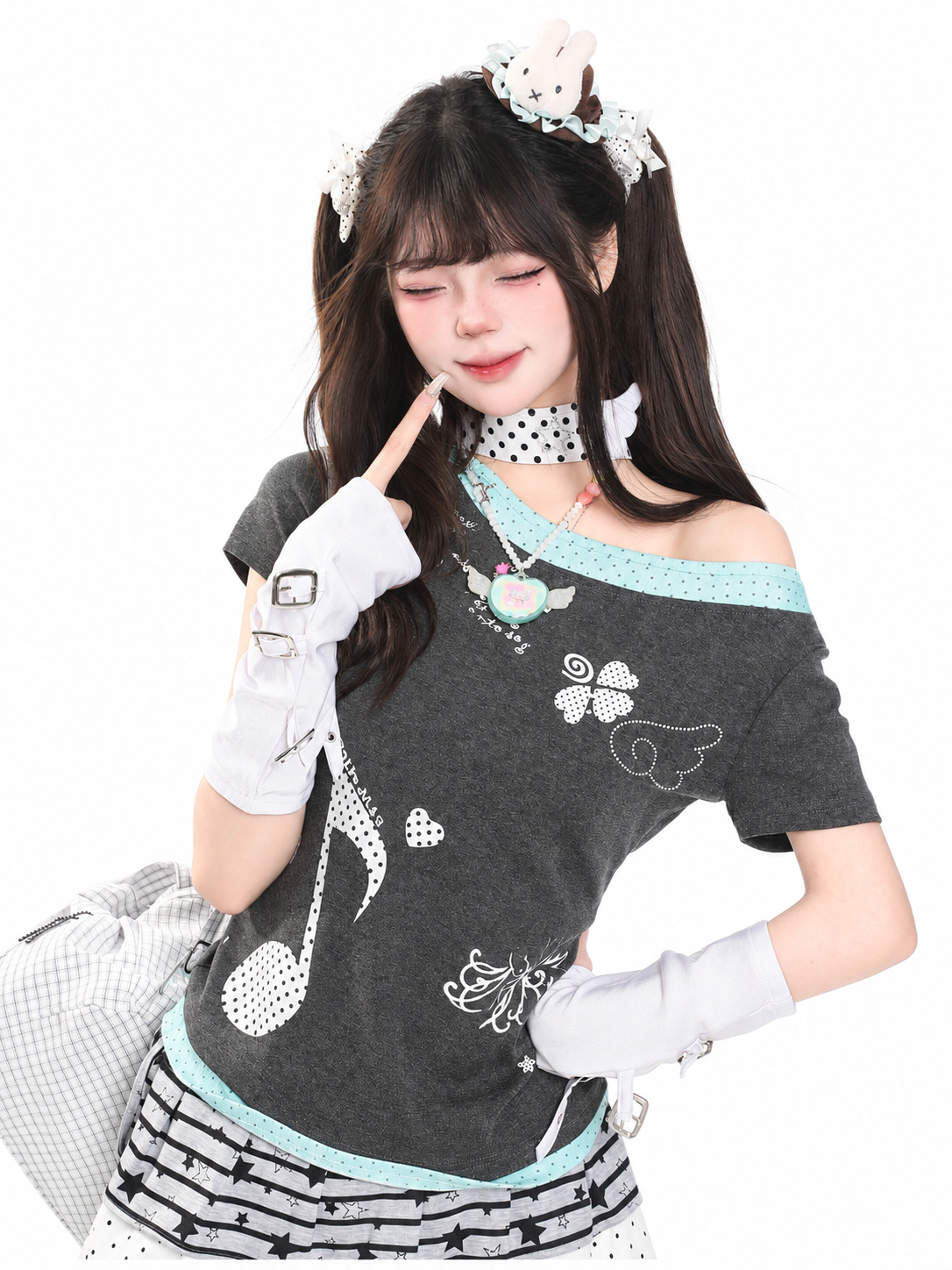 Music Note Faux-Layered Off-Shoulder Fitted Tee