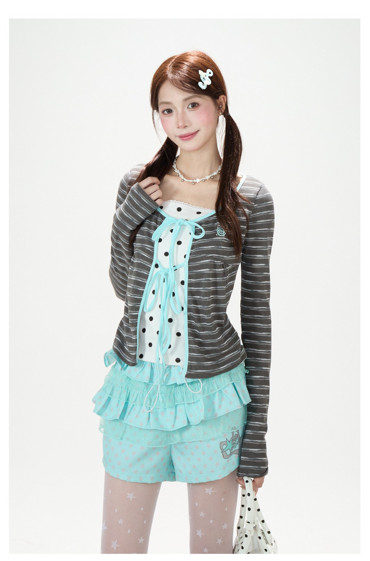 Polka-Dot Lace-Up Layered Long Sleeve Top & White Mini Skirt