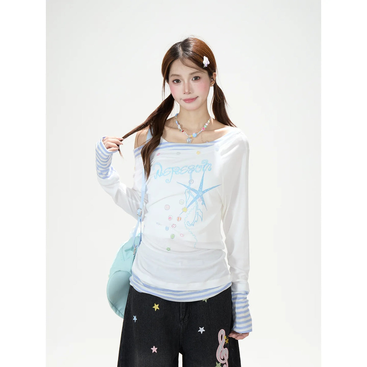 Starfish Off-Shoulder Layered Long Sleeve Top & White Wide-Leg Pants