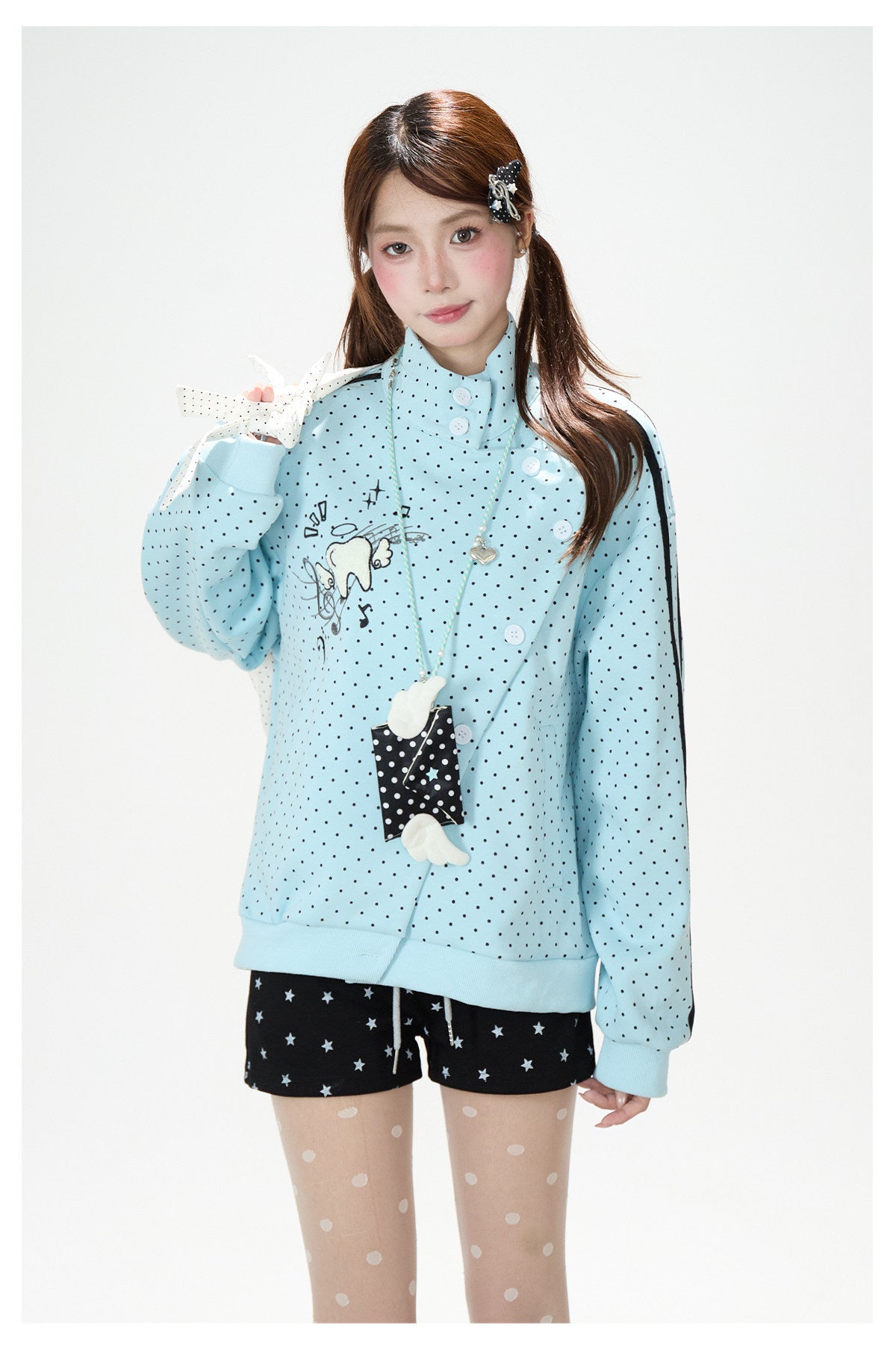 Polka-Dot Stripe Asymmetric Button Jacket & Star Print Shorts