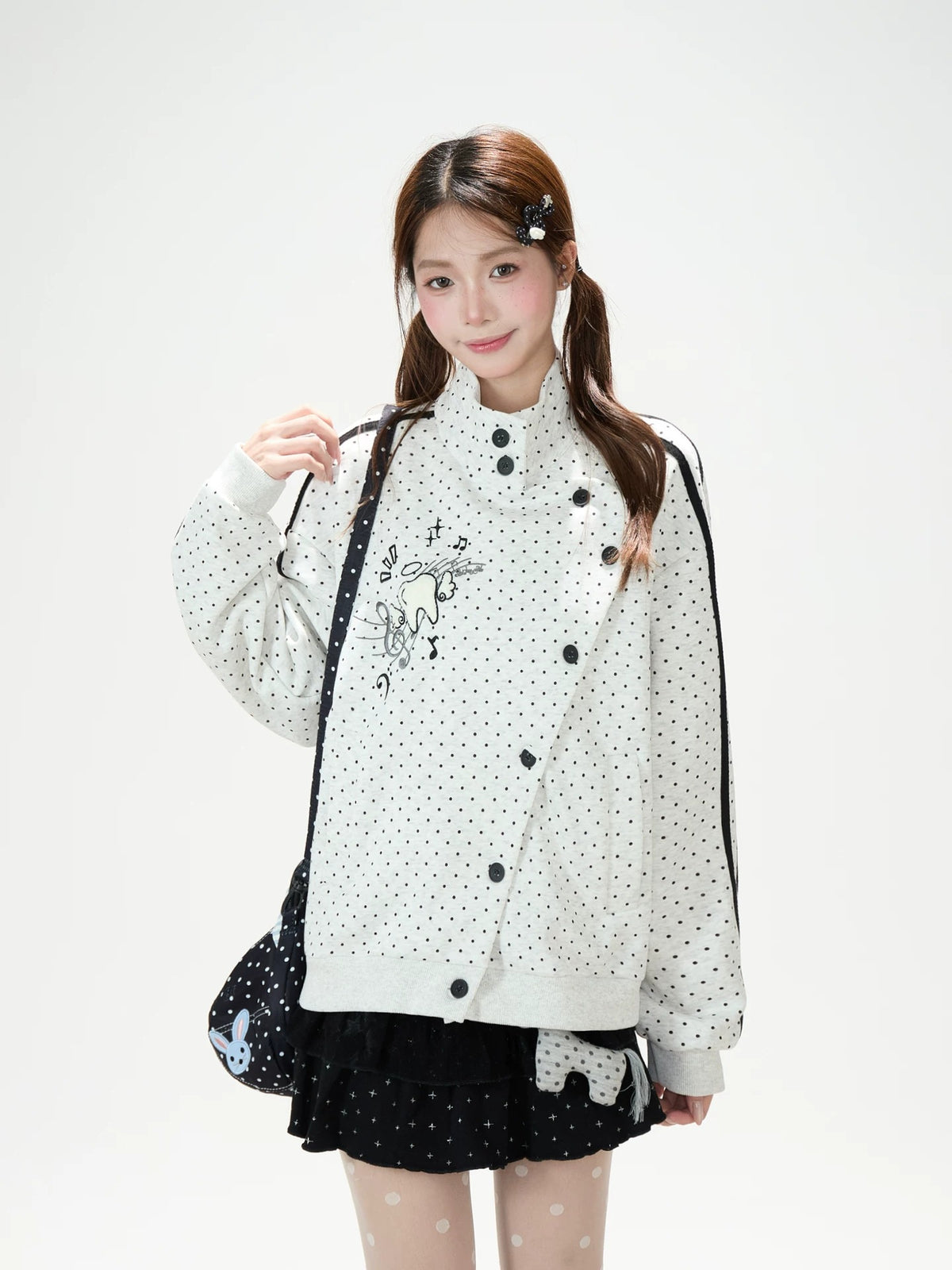 Polka-Dot Stripe Asymmetric Button Jacket & Black Tiered Mini Skirt