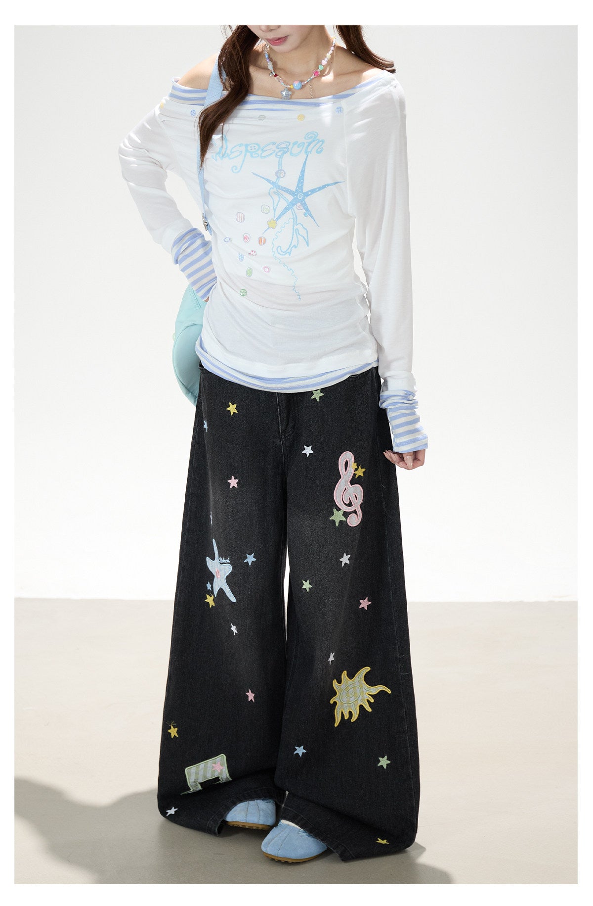 Starfish Stripe Off-Shoulder Layered Long Sleeve Top & Graphic Wide-Leg Pants