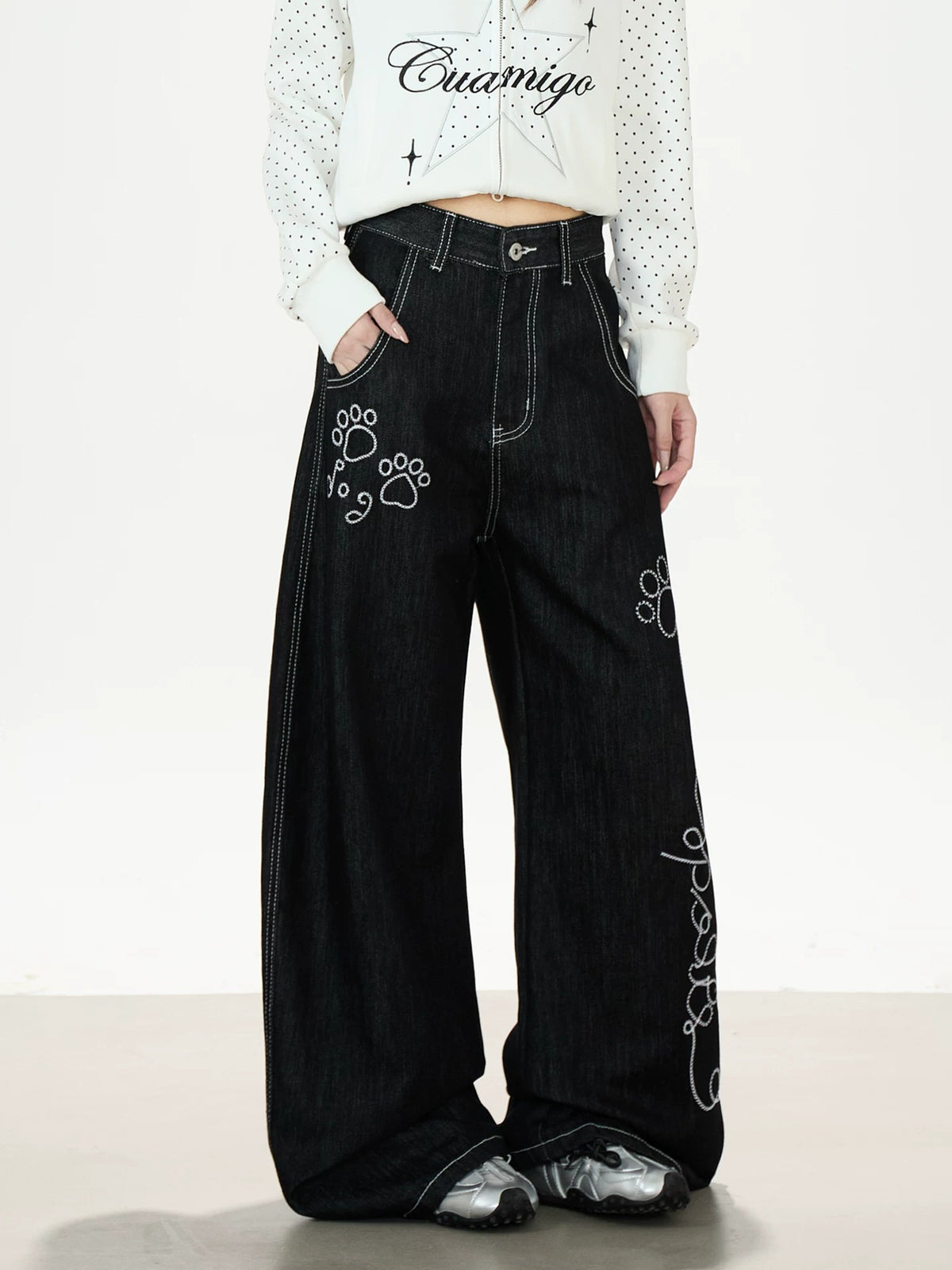 Paw Print Graphic Wide-Leg Jeans