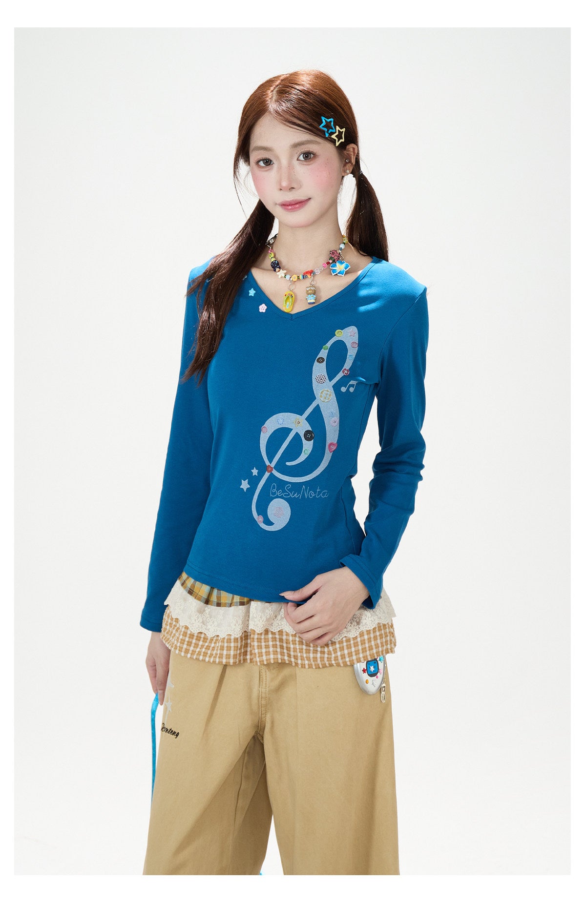 Music Note Star Button V-Neck Long Sleeve Top & Pink Stripe Wide-Leg Pants