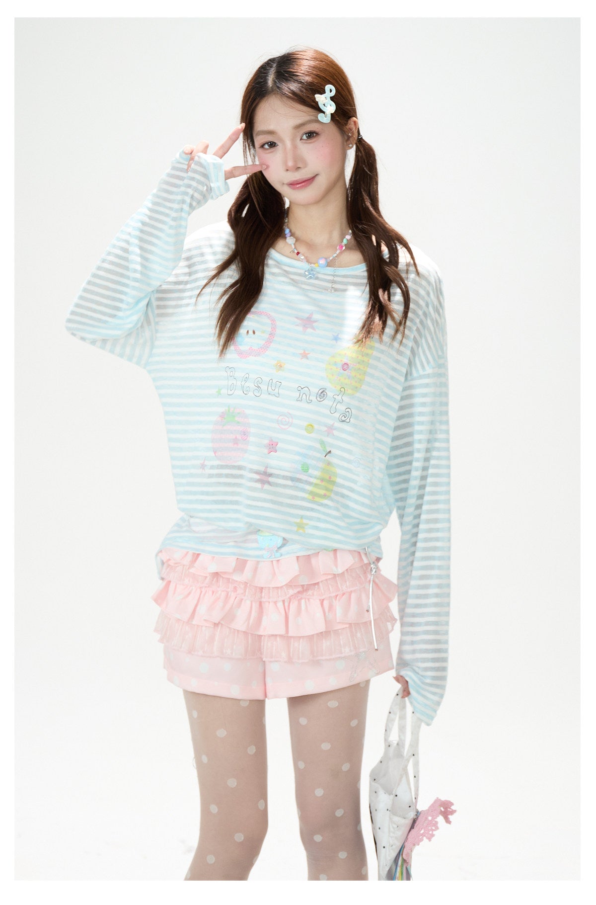 Playful Stripe Graphic Sheer Long Sleeve Top & Pink Wide-Leg Pants