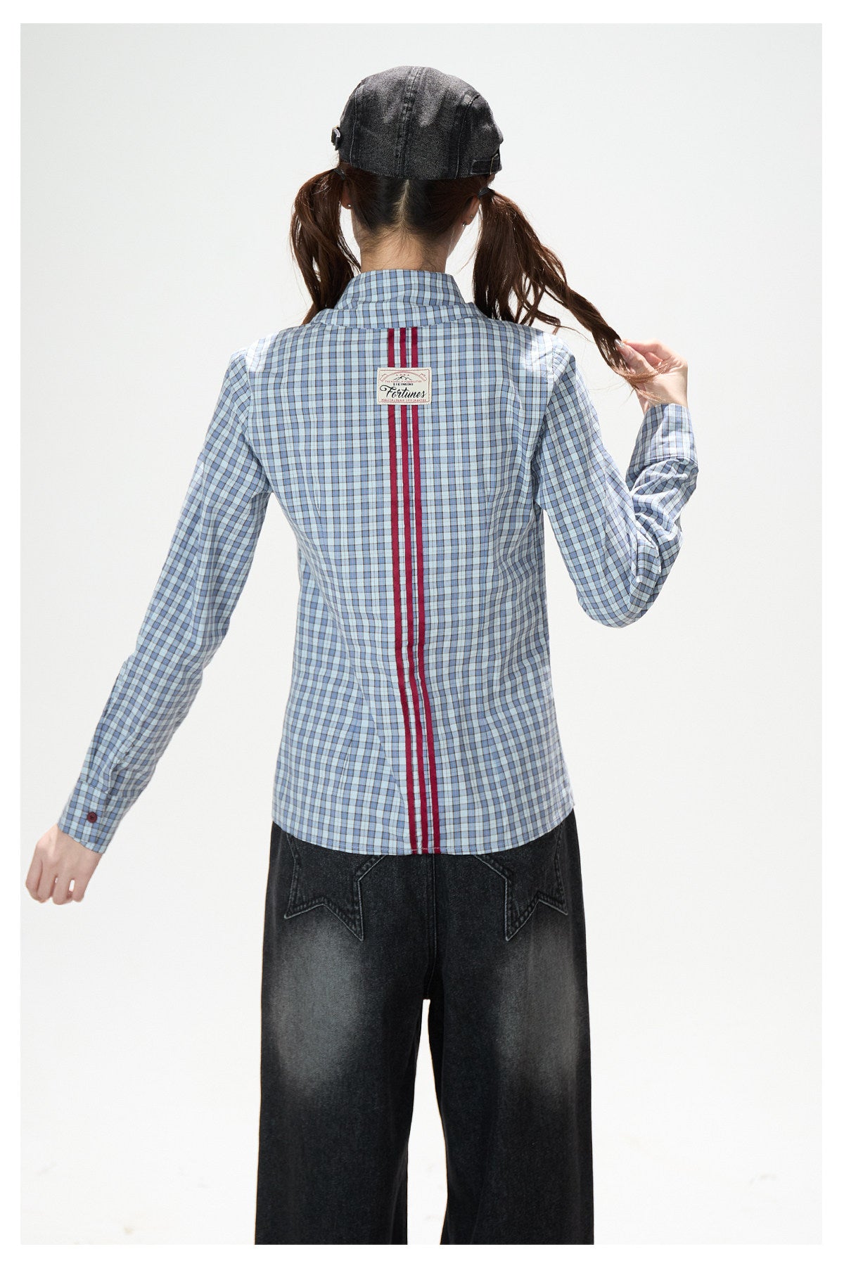 Blue Check Asymmetrical Shirt & Washed Wide-Leg Pants