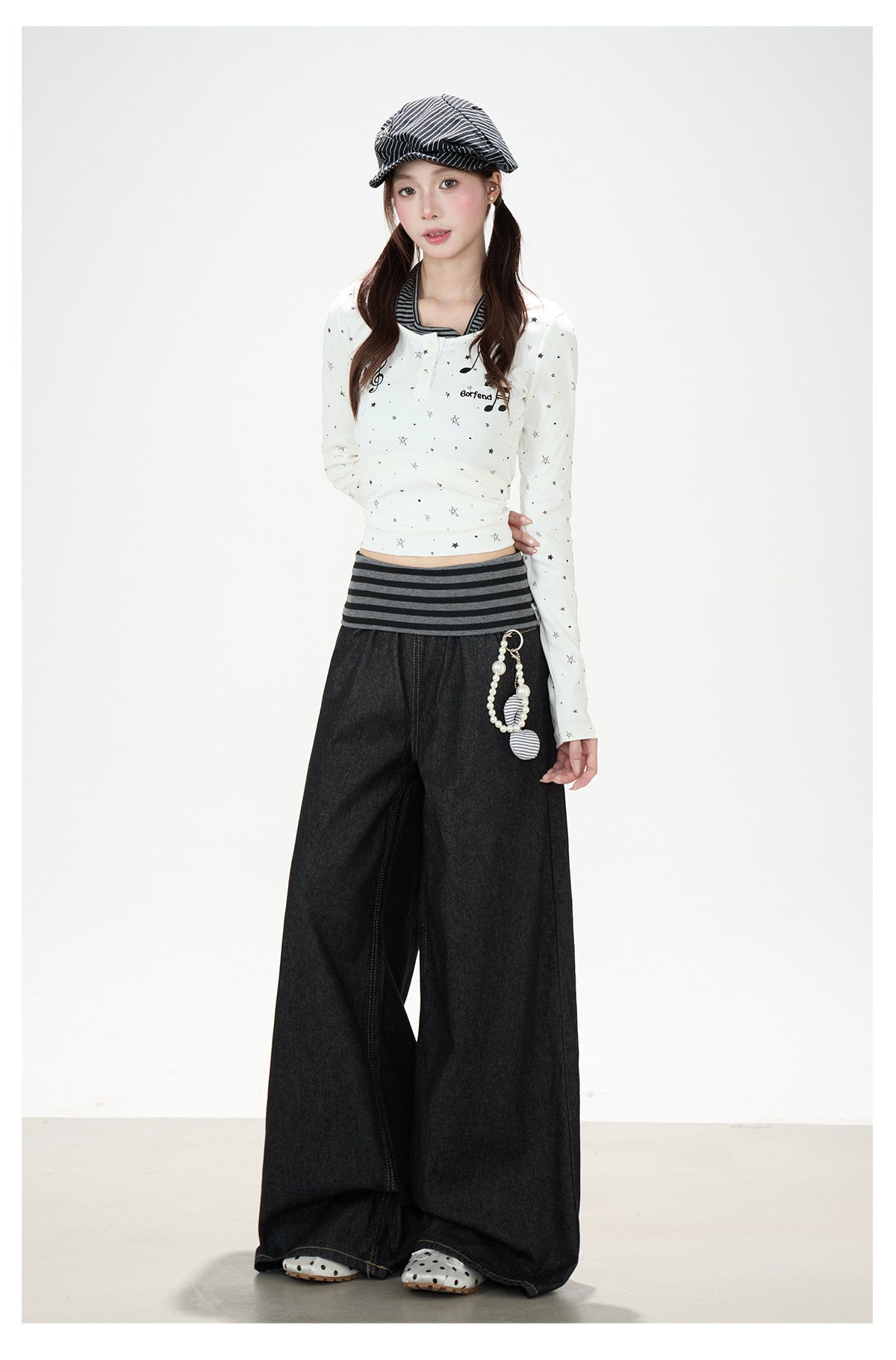 Star Music Note Halter Layered Long Sleeve Top & Black Wide-Leg Pants